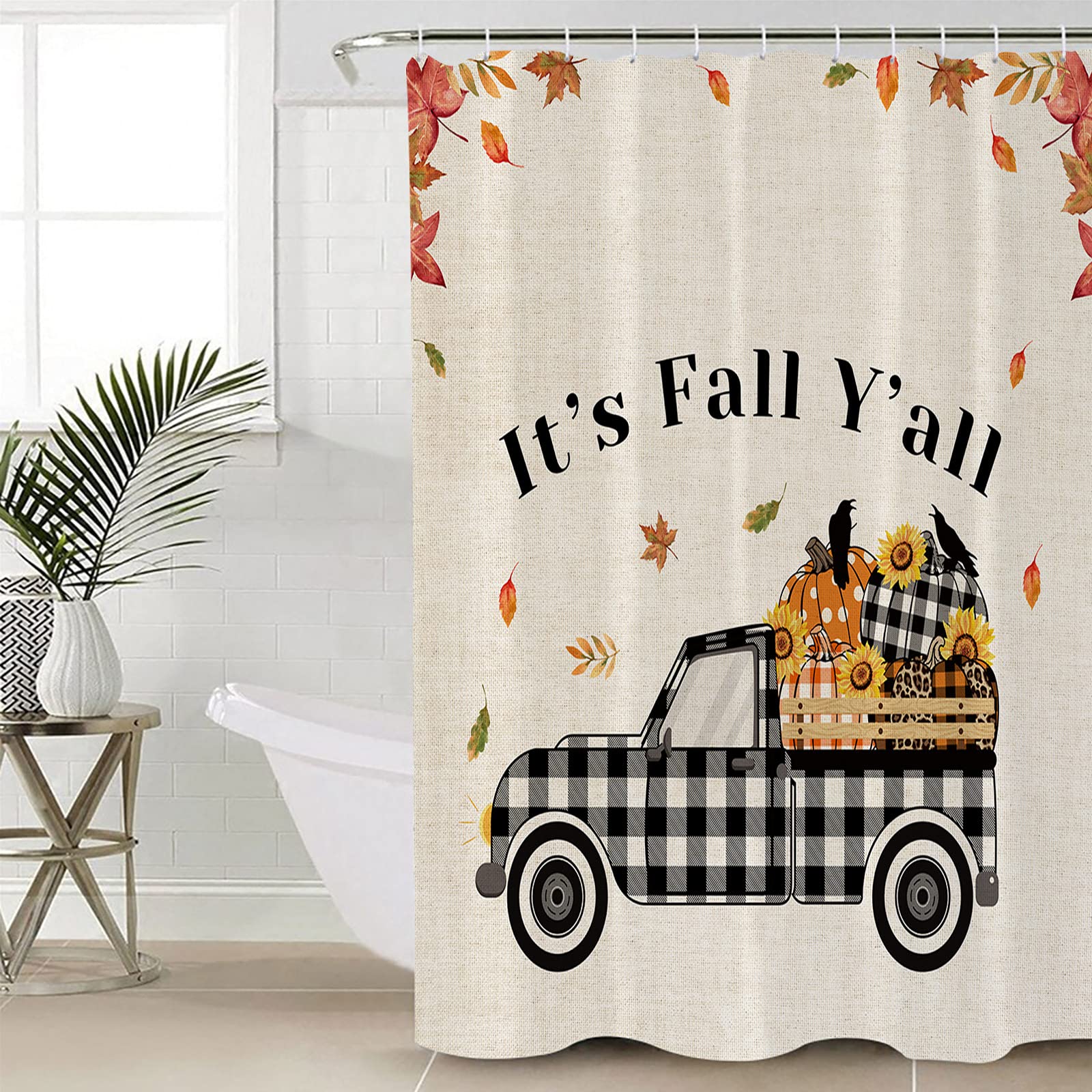 Thanksgiving Checkered Truck Pumpkin Waterproof Shower Curtain Set - 36 x 72 Inch Fall Bathroom Decor with Burlap Texture, Polyester Fabric & 12 Hooks - Perfect for Autumn, Farmhouse or Rustic Style Bathrooms