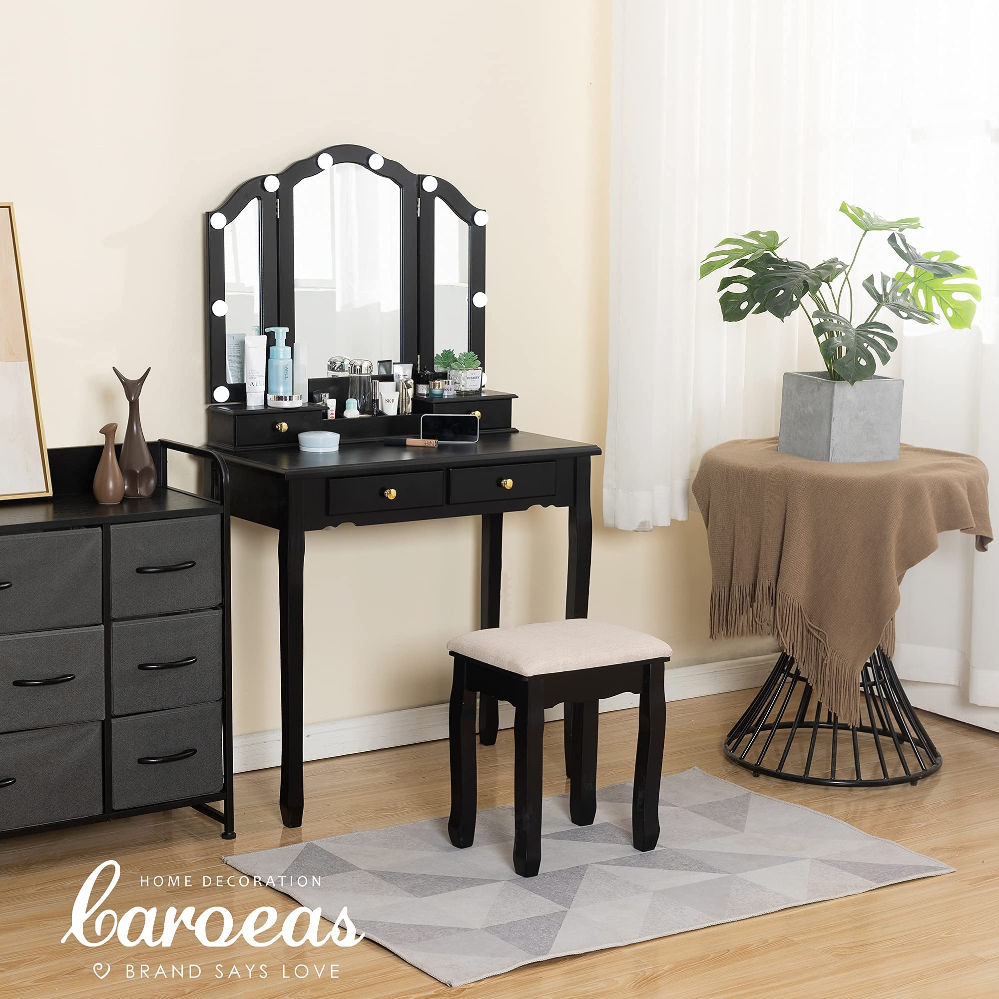 Caroeas Tri-Fold Makeup Vanity Set with LED Lights - Solid Wood Vanity Table with Mirror, 4 Drawers & Storage Compartments - Includes Padded Vanity Stool - Perfect for Bedroom, Dressing Room & Beauty Salon (Black)