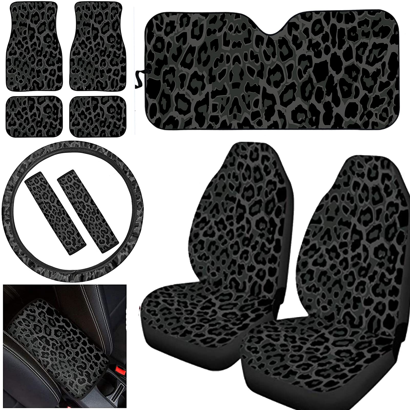Premium Black Car Seat Covers Set with Leopard Print - Includes Floor Mats, Steering Wheel Cover, Seat Belt Pads, Foldable Sun Shade & Armrest Cover - Wild Animal Cheetah Print Auto Accessories for SUV, Sedan & Truck Interior Protection & Style Upgrade