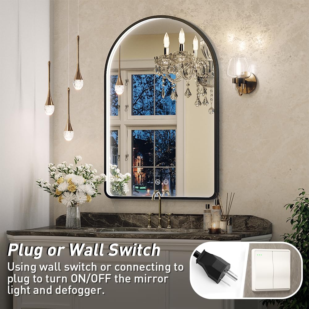 20X30 Inch Arched LED Bathroom Mirror with Anti-Fog & Dimmable Lights - Black Framed Vanity Mirror for Makeup, Shaving and Home Decor