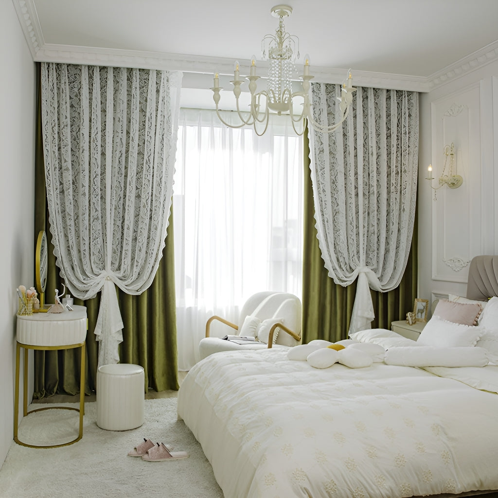 Jaelynn Two Layer Velvet Lace Blackout Curtains for Bedroom - Custom Room Darkening Window Drapes for Home Decor, Insulated Thermal Noise Reducing Curtain Panels
