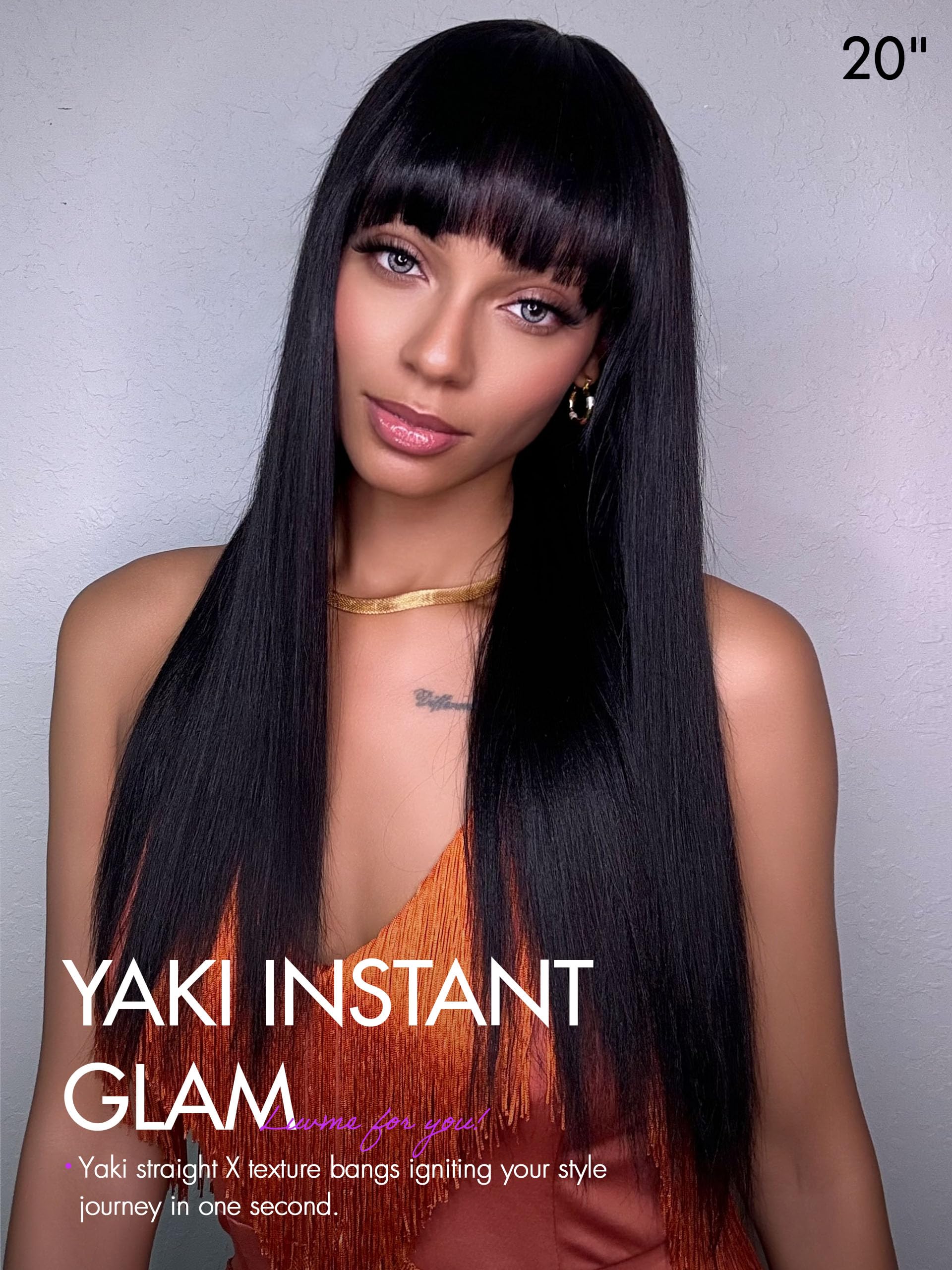 LUVME HAIR 16 Inch Yaki Straight Human Hair Wig with Bangs | Glueless Ready-to-Wear Wig | Ultra Natural Minimalist Lace Front Wig (Breathable Cap) for Everyday Wear, Cosplay & Special Occasions
