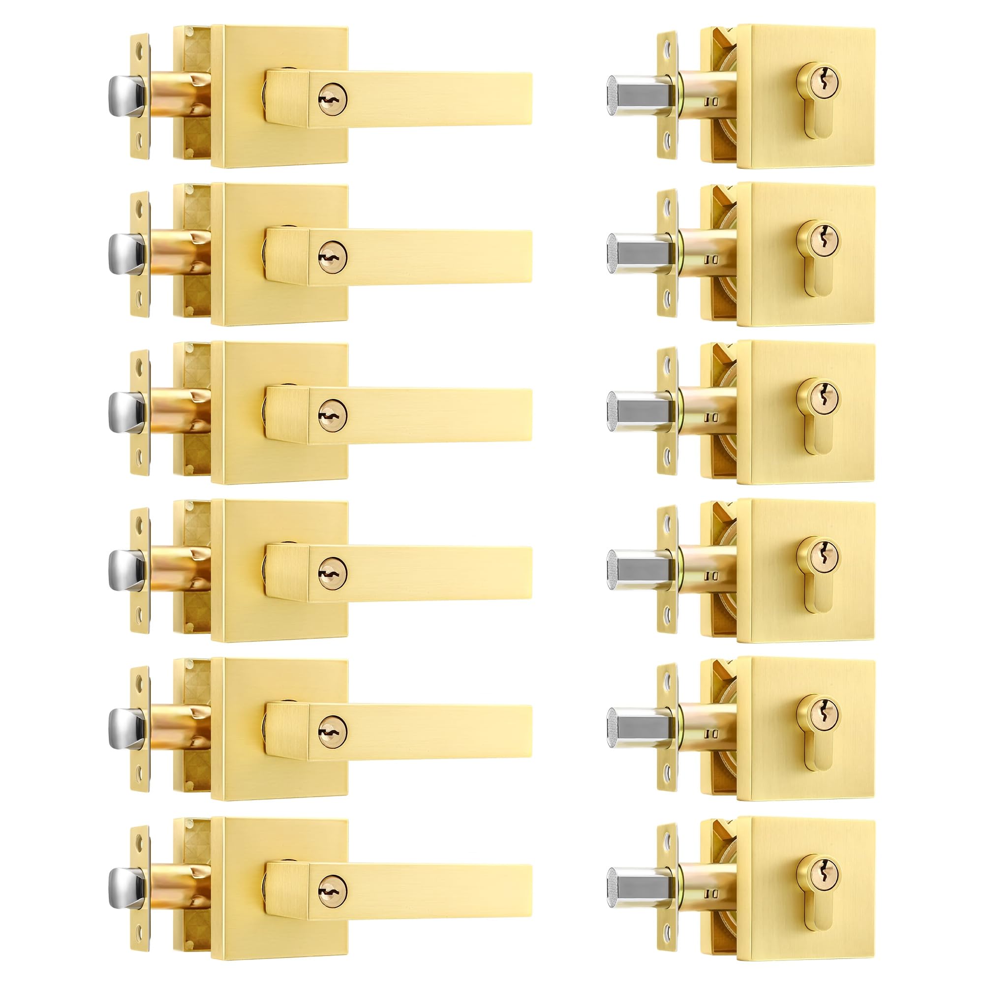 Leydebong 6 Pack Heavy Duty Front Door Handle and Lever Set - Gold Deadbolt & Knob Combo for Office & Entry Doors - Keyed Alike Single Cylinder Lockset - Perfect for Commercial Buildings, Apartments & Home Security