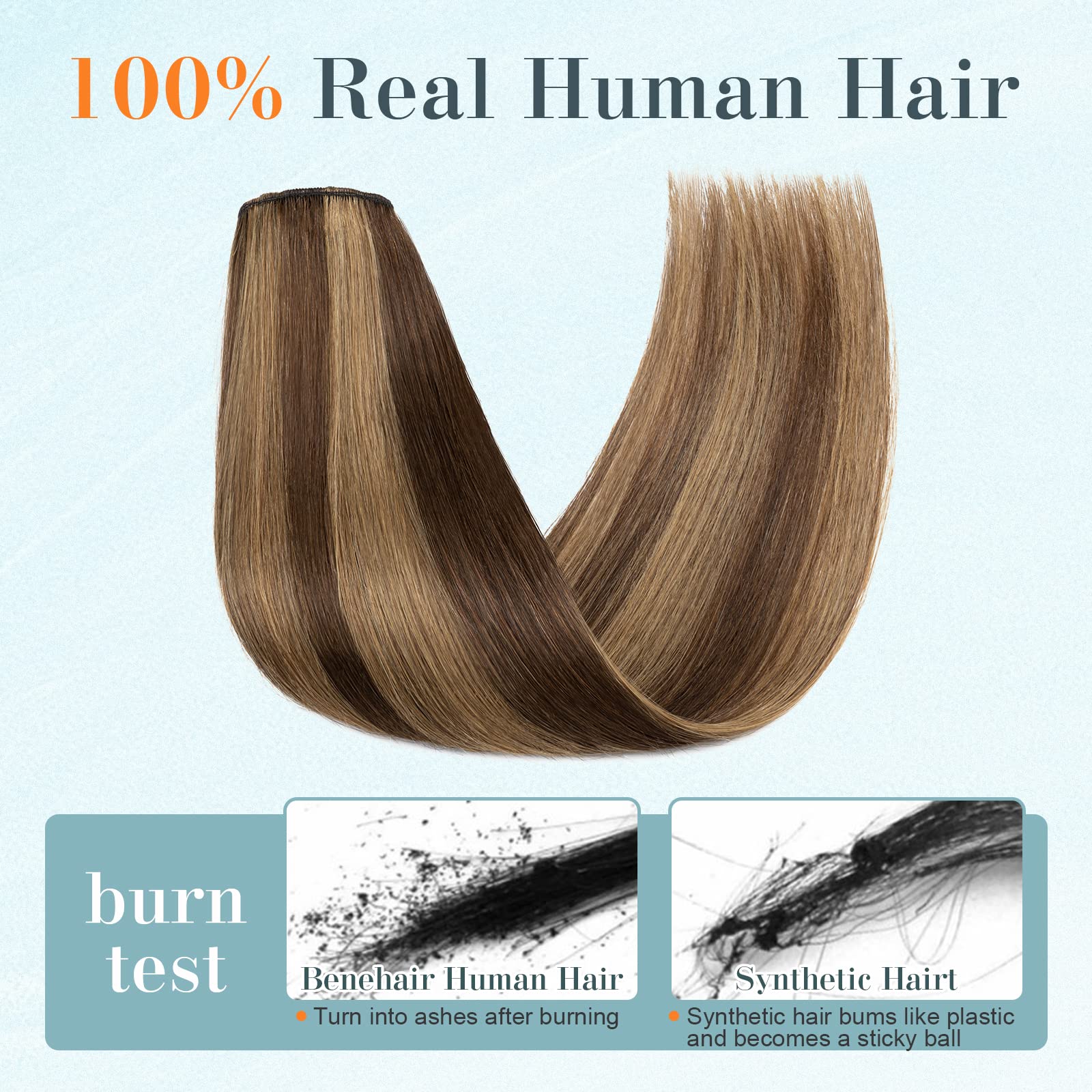 Benehair 100% Remy Human Hair Extensions Clip-in 8Pcs Set - 10 Inches 50g Chocolate Brown Mixed Light Brown #4P27 - Natural Hair Extensions with 18 Clips for Volume & Length - Perfect for Daily Styling, Parties & Special Occasions