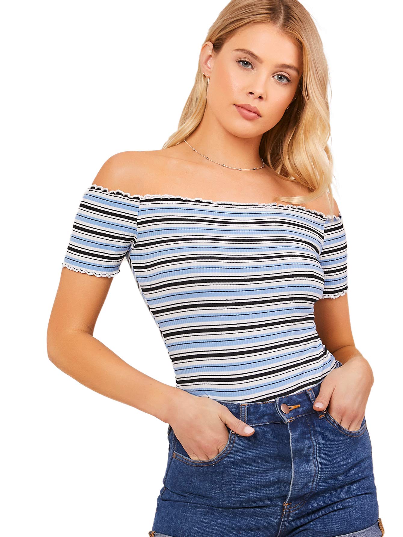 Floerns Women's Off Shoulder Short Sleeve Crop Top with Frill Trim - Casual Summer Blouse for Beach, Party & Date Night Outfits