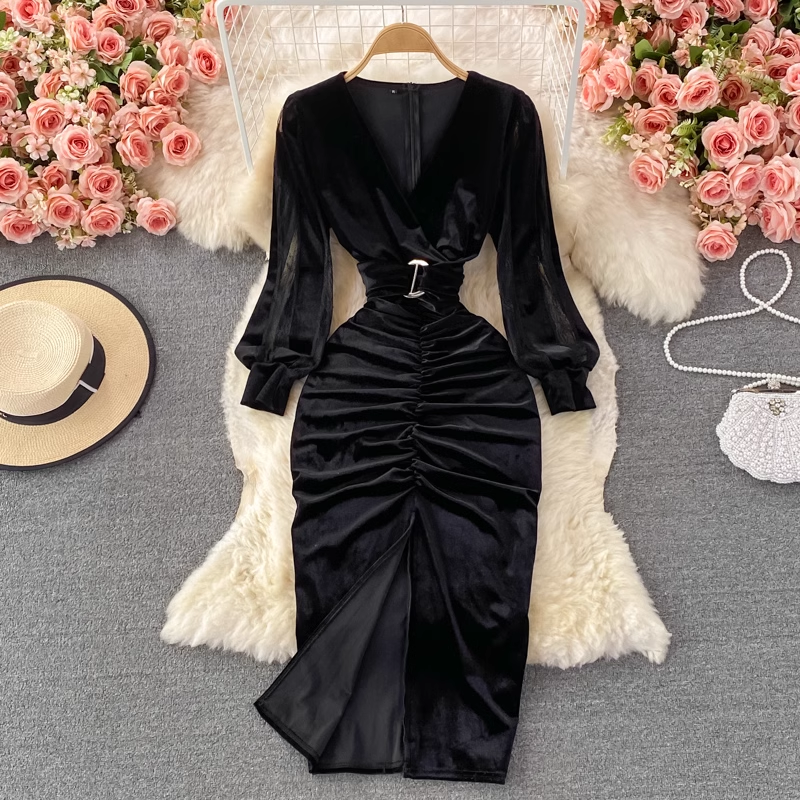 Sexy V-Neck Velvet Slit Dress for Women - Elegant Winter & Fall Evening Gown for Parties, Date Nights & Special Occasions