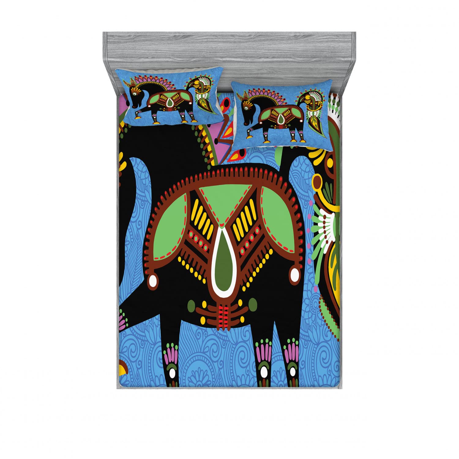 Ambesonne Ethnic 2-Pack Queen Size Fitted Sheet & Pillow Sham Set - Folkloric Animal Print 4-Piece Bedding Decor - Includes 2 Fitted Sheets & 4 Pillow Covers - Vibrant Multicolor Design for Bohemian & Eclectic Bedrooms