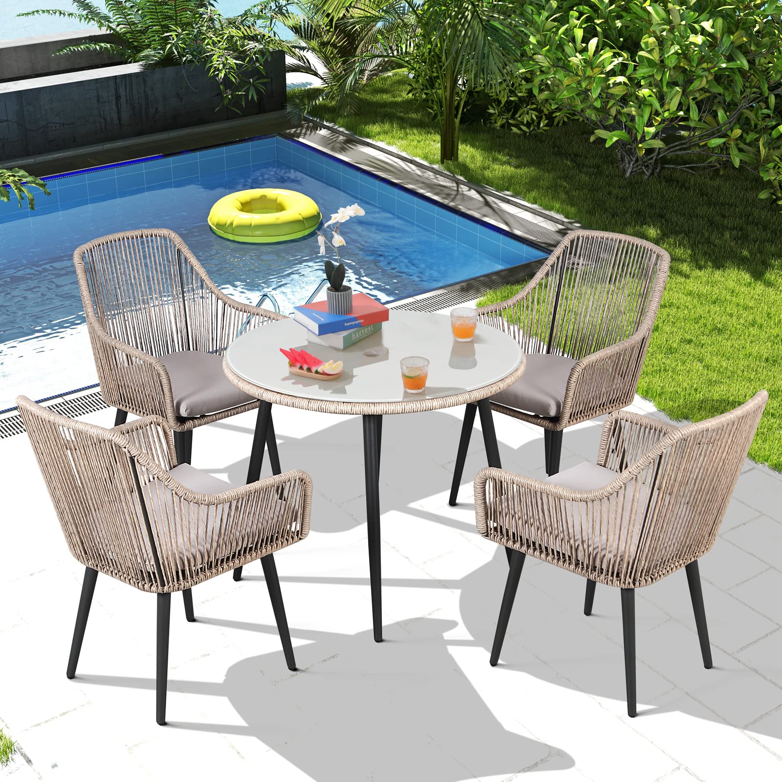 5-Piece Outdoor Patio Dining Set with All-Weather Wicker & Glass Table - Tan Rattan Furniture for Backyard, Garden, Poolside - Includes 4 Cushioned Chairs & Umbrella Hole - Perfect for Entertaining, BBQs, and Relaxing Outdoors