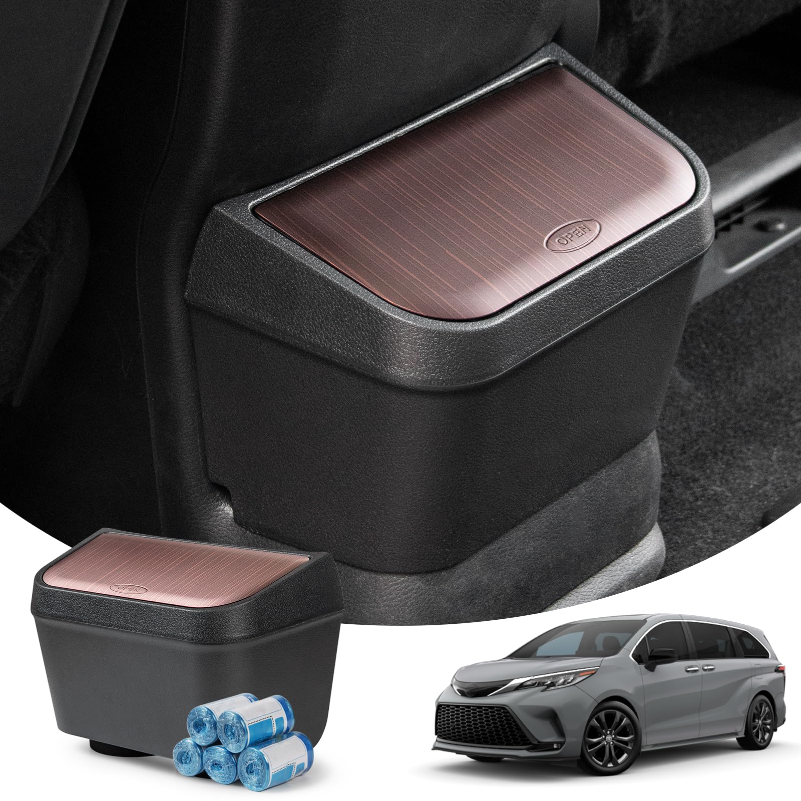 Premium Car Trash Can with Lid - Cup Holder Compatible with Toyota Sienna 2021-2025 Models, Back Seat Organizer for Snacks & Road Trips (Brown) - Ideal for Family Travel, Commuting & Road Trips
