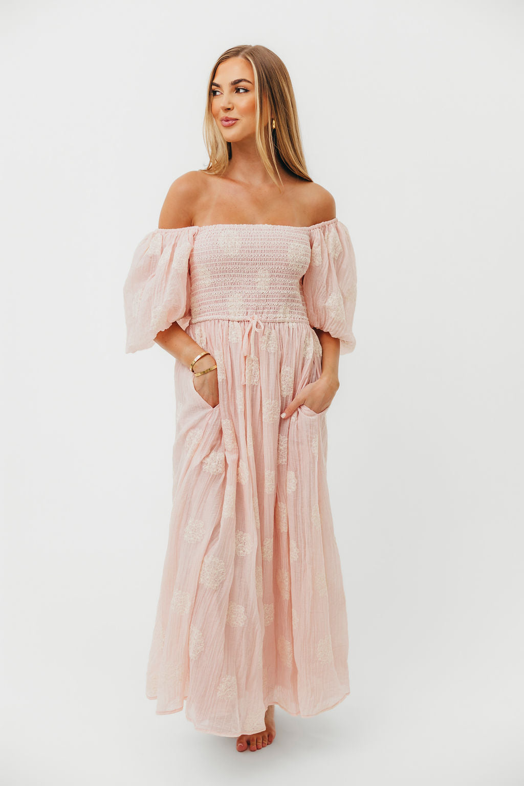 Aimee Women's Smocked Embroidered Floral Midi Dress in Blush Pink - Perfect for Summer Weddings, Garden Parties & Date Nights