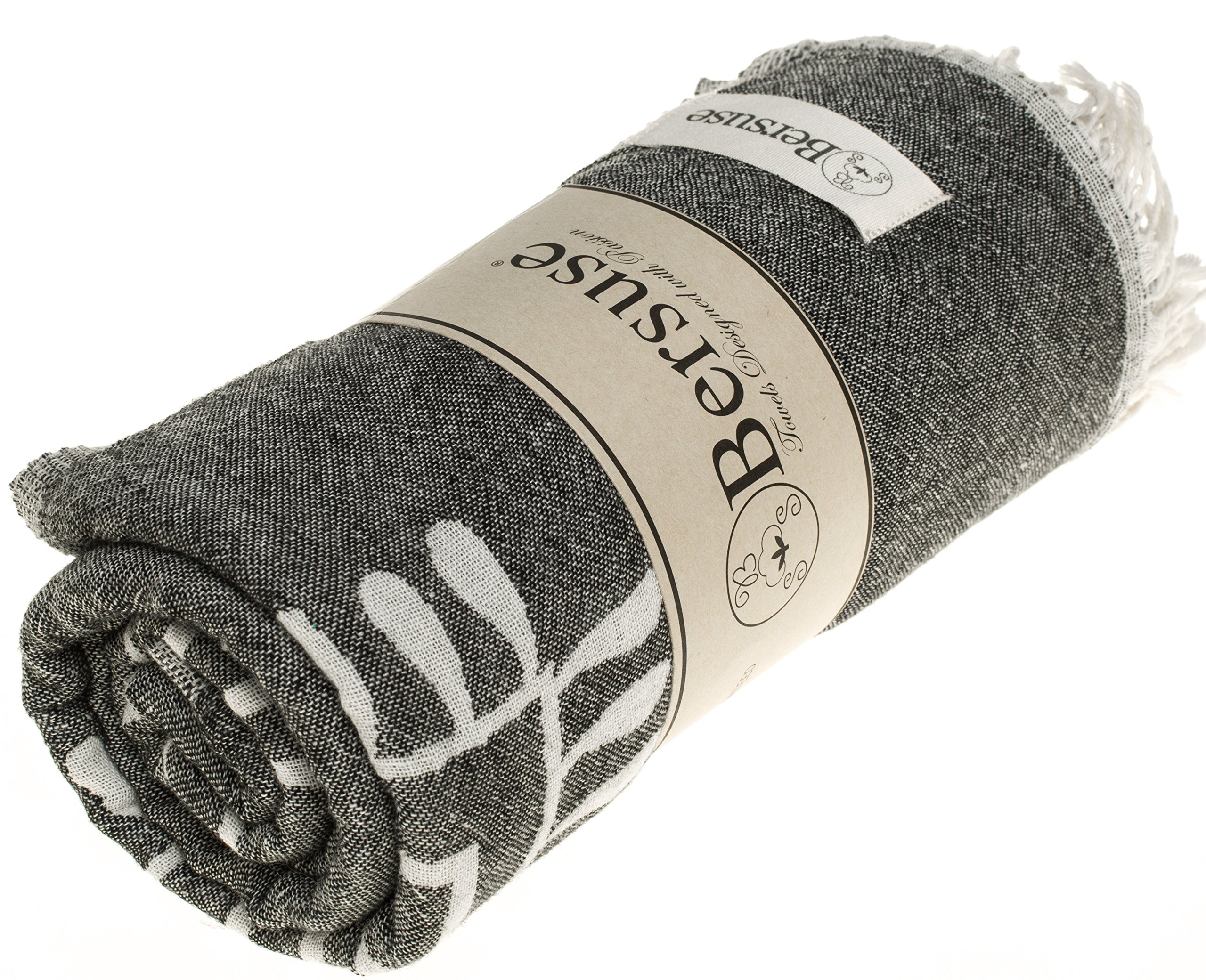 Bersuse 100% Cotton Veracruz Turkish Towel - Ultra Soft & Absorbent Bath Towel, Beach Towel & Peshtemal - 37x70 Inches, Black (Set of 6) - Perfect for Pool, Spa, Travel & Yoga    （注：优化要点说明：   1. 将