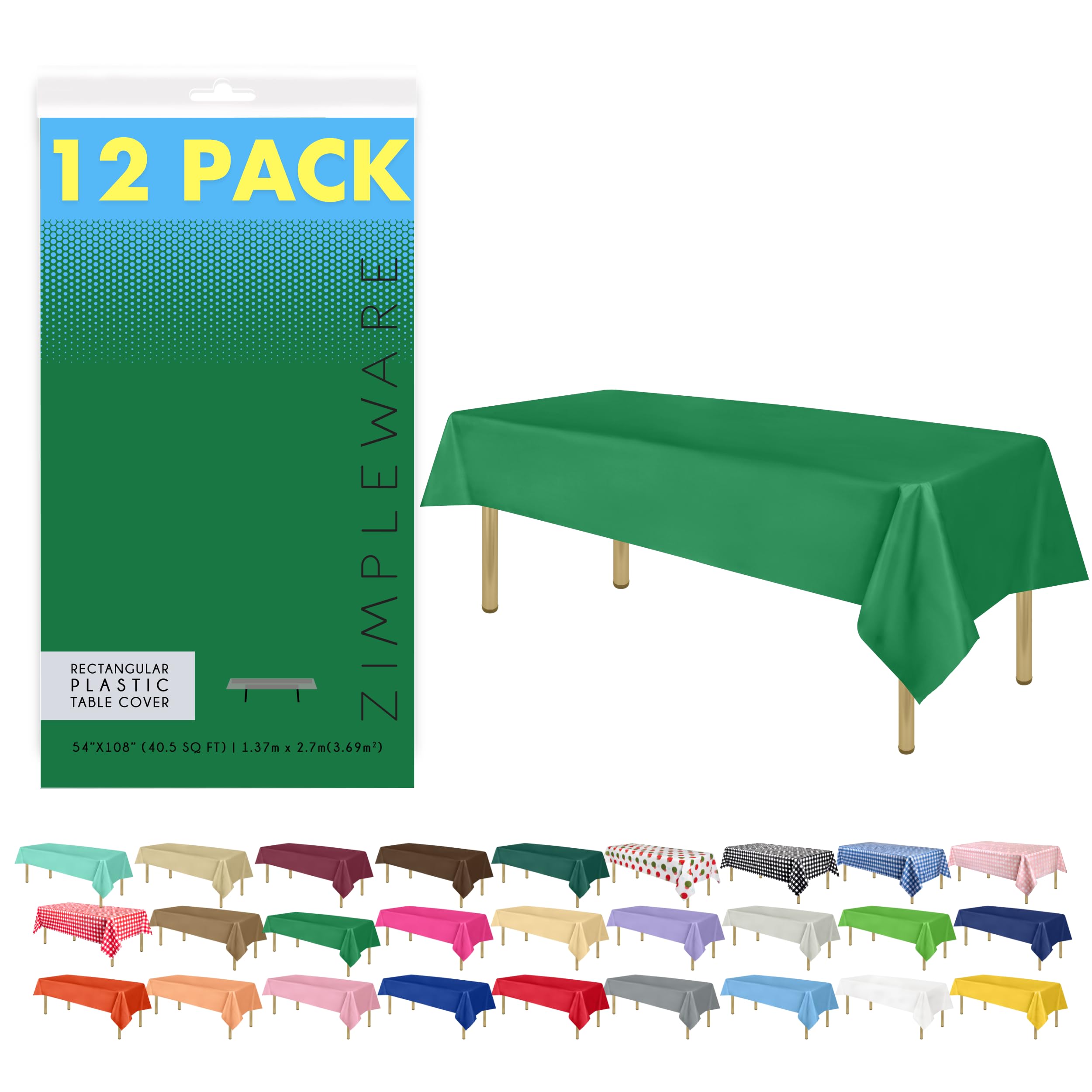 Premium Disposable Green Plastic Tablecloth (12 Pack) - 54x108 Inch Rectangle Table Cover for 6-8ft Tables - Waterproof & Wrinkle-Free for Parties, BBQs, Picnics & Outdoor Events