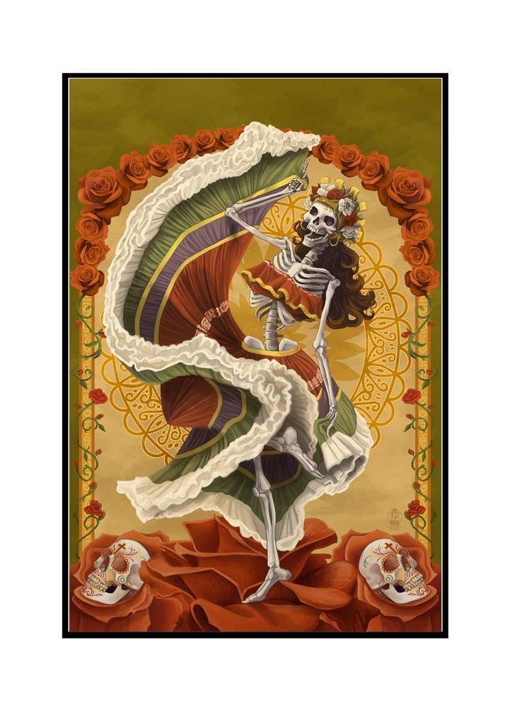 Day of the Dead Skeleton Dancing Art - 24x36 Framed Gallery Wrapped Canvas Wall Decor - Perfect for Halloween, Dia de los Muertos Celebrations & Home Office Decor