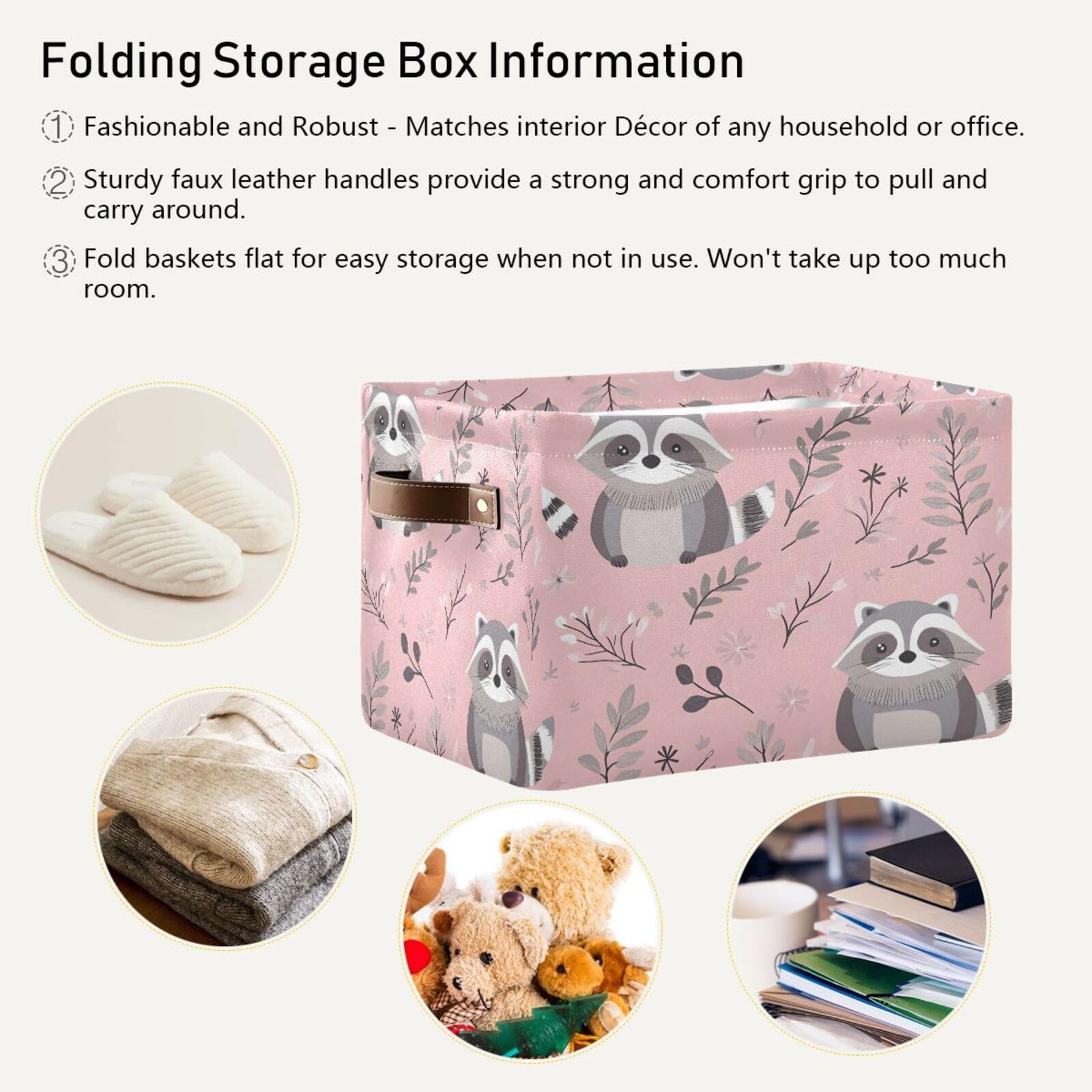 Cute Raccoon Storage Basket 2 Pack - Collapsible Canvas Rectangular Bin with Leather Handles for Closet, Office, Nursery | Home Organization & Decor for Kids Room, Laundry, Bathroom Storage