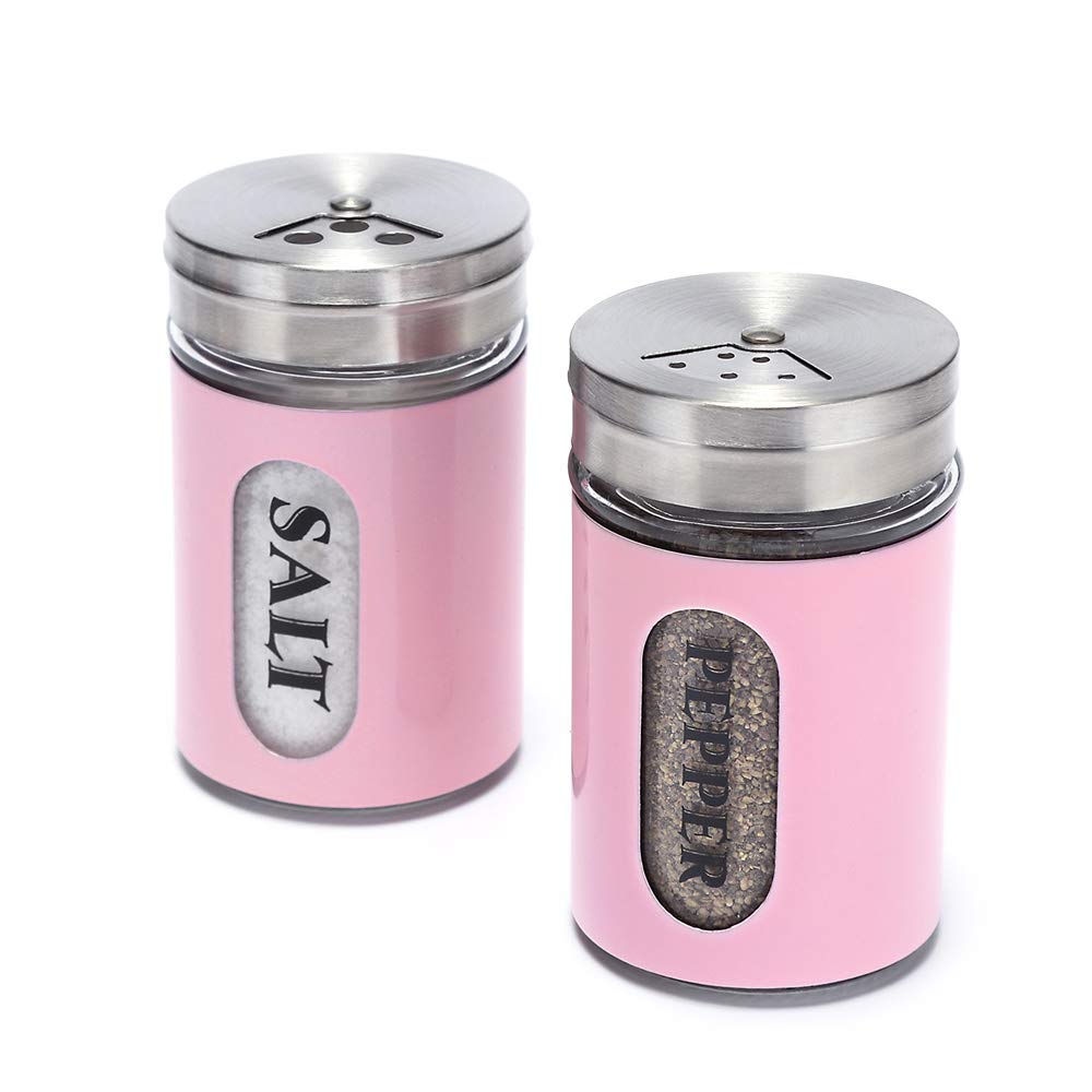 Premium Stainless Steel & Glass Salt and Pepper Shakers Set - Adjustable Pour Holes, Elegant Pink - Perfect for Kitchen, Dining Table, and Gift Giving