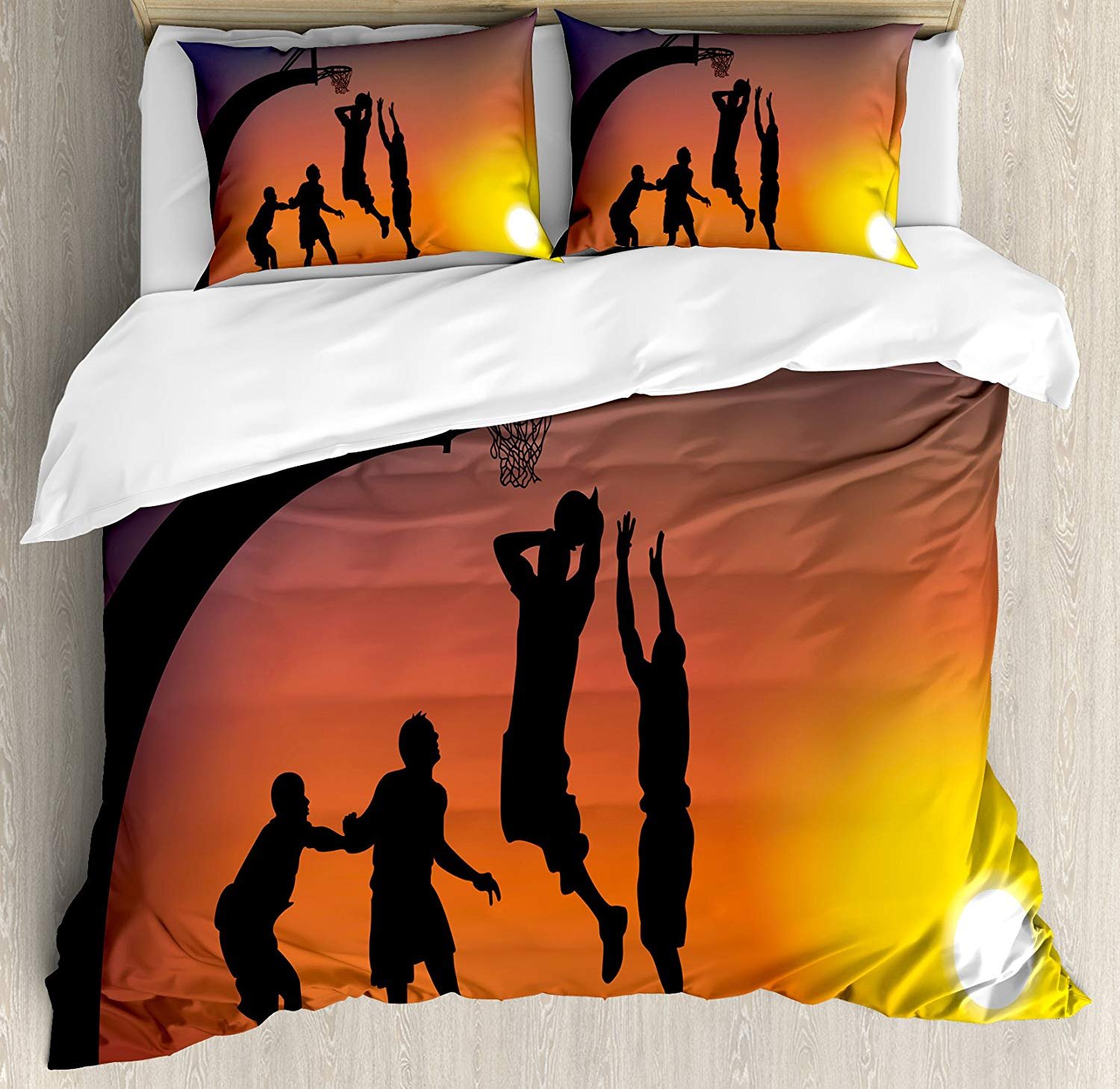3-Piece Twin Size Bedding Set for Teens - Duvet Cover with Zipper Closure & 2 Pillow Shams - Basketball Sunset Horizon Sky Design in Dark Coral, Black & Yellow - Perfect for Boys' Room Decor, Teen Bedroom & Dorm Room Essentials