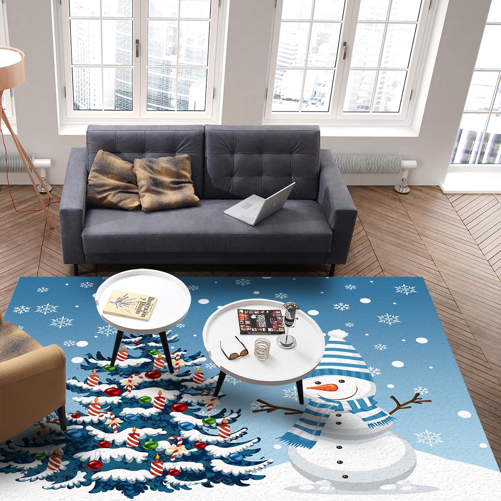 Blue Christmas Snowman Area Rug - Non-Slip Washable Xmas Tree with Balls & Snowflake Design - 4x6 Ft Indoor Floor Mat for Living Room, Bedroom, Dining Room - Perfect Holiday Home Decor (Great for Cozy Winter Gatherings & Festive Celebrations)