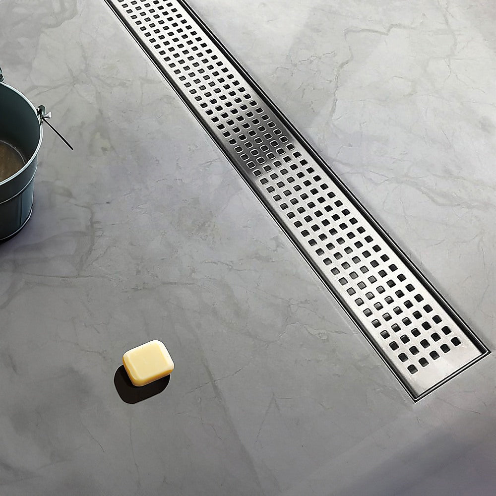1000mm Stainless Steel Shower Drain Grate - Square Pattern with Center Outlet - Heavy Duty Bathroom Floor Waste for Wet Room & Shower Enclosure