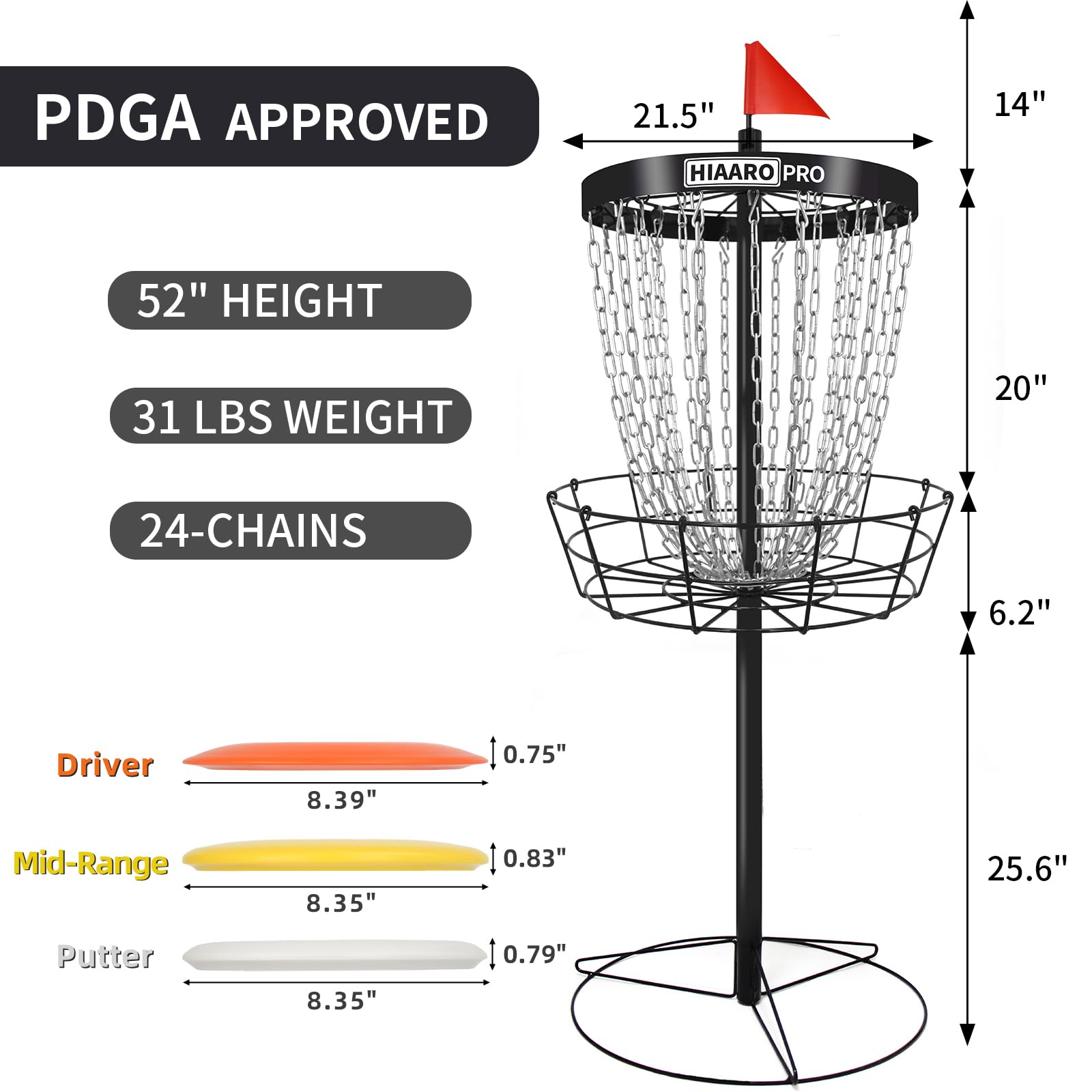 PDGA Approved HIAARO PRO Disc Golf Basket - Portable Heavy Duty 24-Chain Target for Professional Players | Perfect for Backyard Practice, Course Training & Tournament Play
