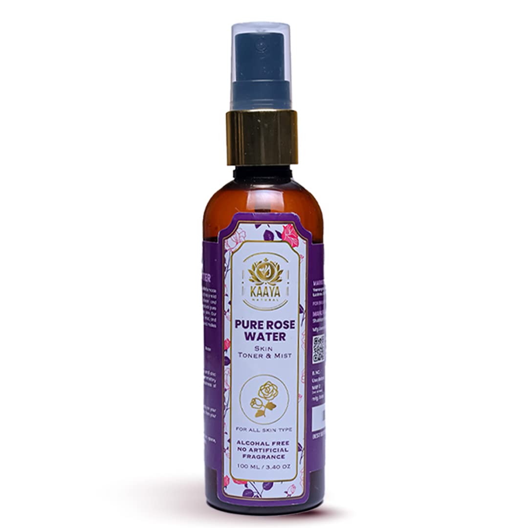 Kaaya Natural Pure Rose Water Facial Toner Mist - 100% Organic & Natural Hydrating Spray for All Skin Types | Unisex Face Toner for Dry, Oily & Sensitive Skin | 100ml Refreshing Facial Mist for Daily Skincare, Makeup Setting & Summer Cooling