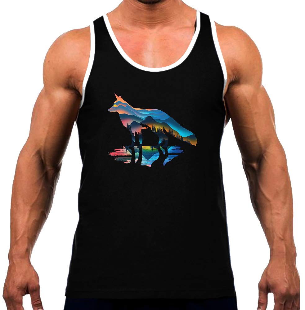 Men's Mountain Fox Graphic Black Tank Top with White Trim - Breathable Workout Shirt for Gym, Hiking & Casual Wear