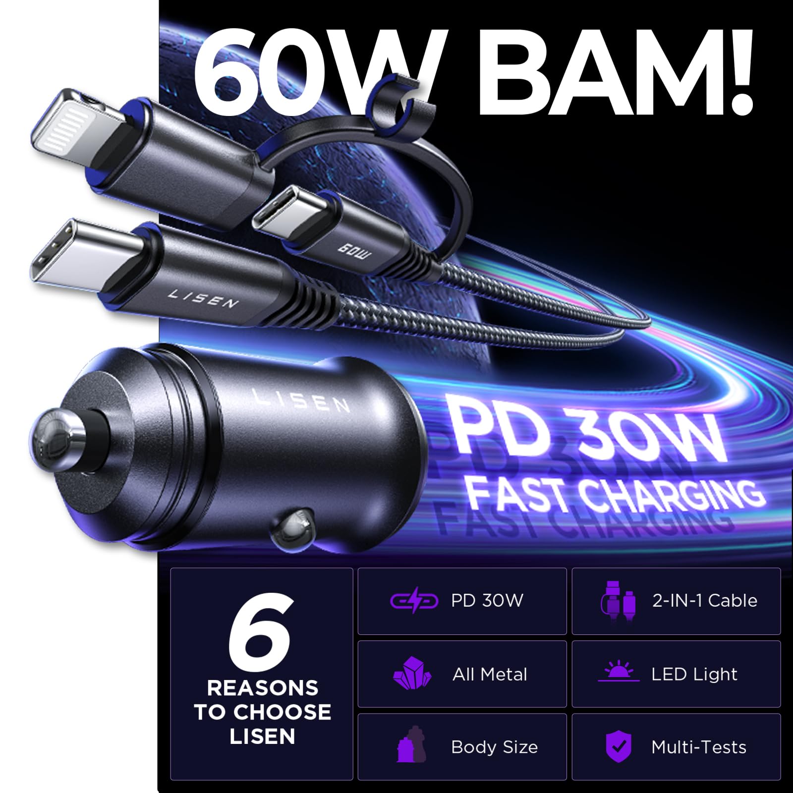 60W Dual USB-C Car Charger for iPhone 16/Pro Max & Samsung Galaxy S24 - Fast Charging Metal Mini Car Phone Charger with Type C to C/Lightning Cable - Perfect for Road Trips & Daily Commute