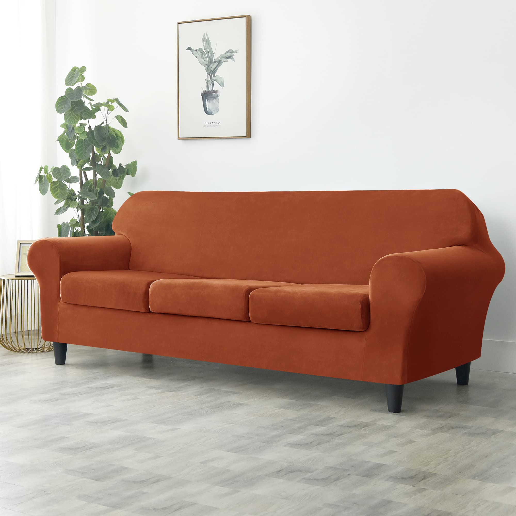 Stretch Velvet Sofa Slipcover - Ultra Soft Furniture Protector for Pets & Kids - Red Brown Large Couch Cover - Perfect for Living Room, Family Room & Pet-Friendly Homes