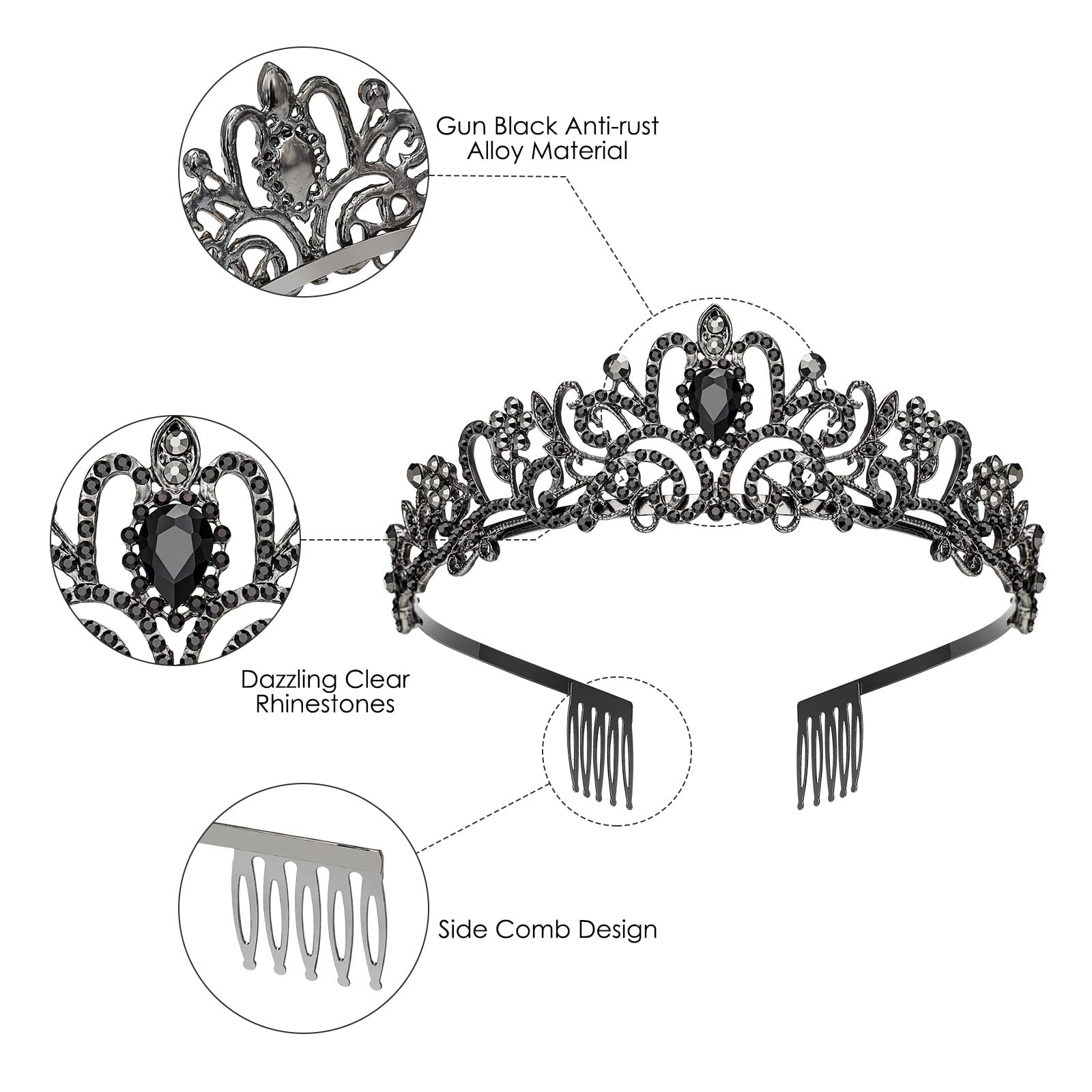 Makone Crystal Black Queen Crown Tiara with Comb Headband for Women & Girls - Elegant Princess Hair Accessories for Wedding, Birthday, Halloween Costume & Cosplay (16 Black) | Perfect for Bridal Parties, Pageants, and Fantasy Dress-Up