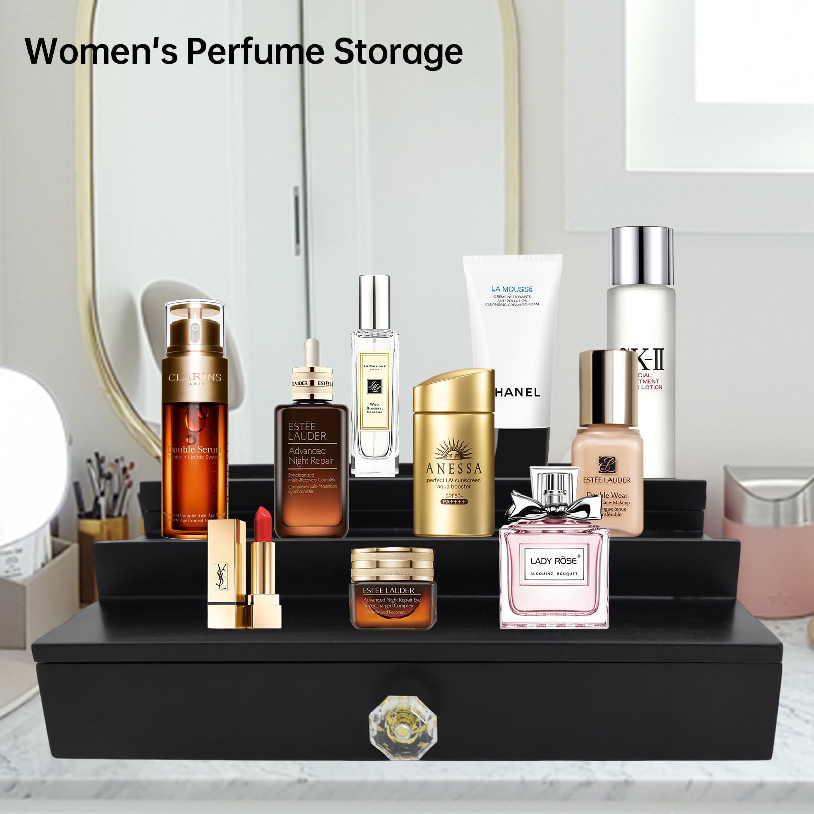 Premium 3-Tier Wooden Cologne Organizer for Men - Black Perfume Display Stand with Storage Drawer, Countertop Organizer & Cologne Holder - Perfect Gift for Dresser, Bathroom, or Vanity Organization
