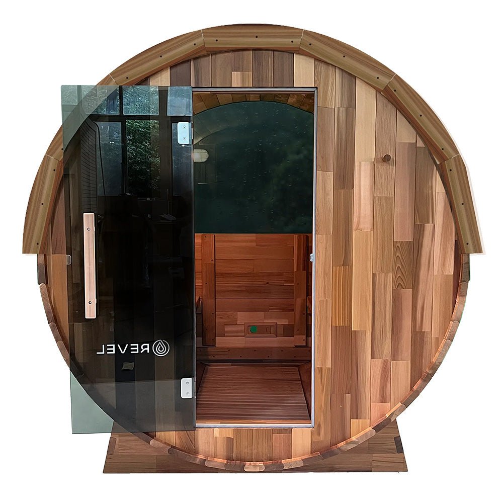 Revel Recovery Edenview 4-Person Barrel Sauna - Premium Outdoor Wooden Sauna for Home Relaxation & Detox - Perfect for Backyards, Spas, and Wellness Retreats
