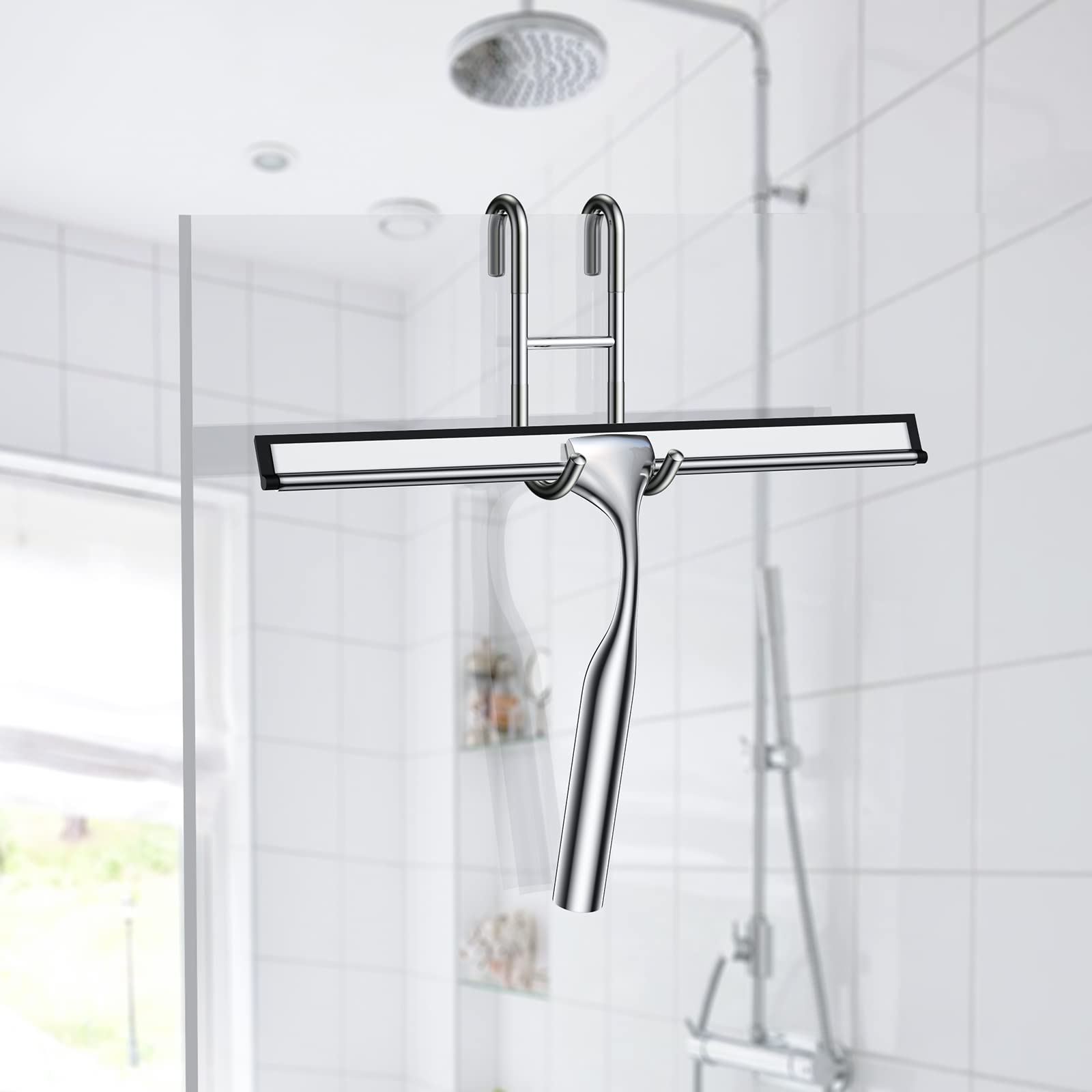 14-Inch Stainless Steel Shower Squeegee Set with Hooks & Extra Blade - Glass Window Cleaner for Bathroom, Mirror, Car & Shower Doors - Perfect for Streak-Free Cleaning After Showers or Car Washing