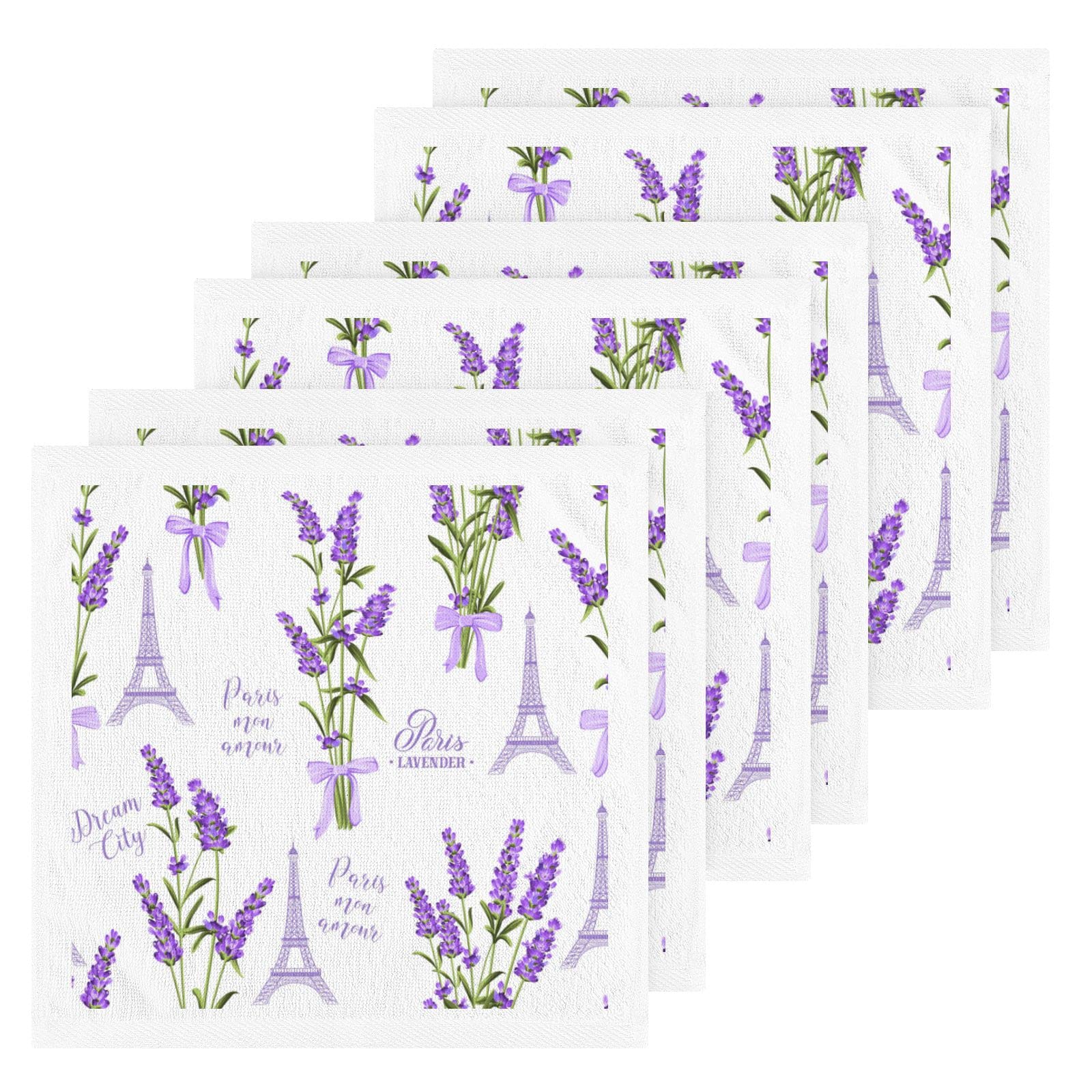 Lavender Flowers and Eiffel Tower Cotton Washcloths Set - 12
