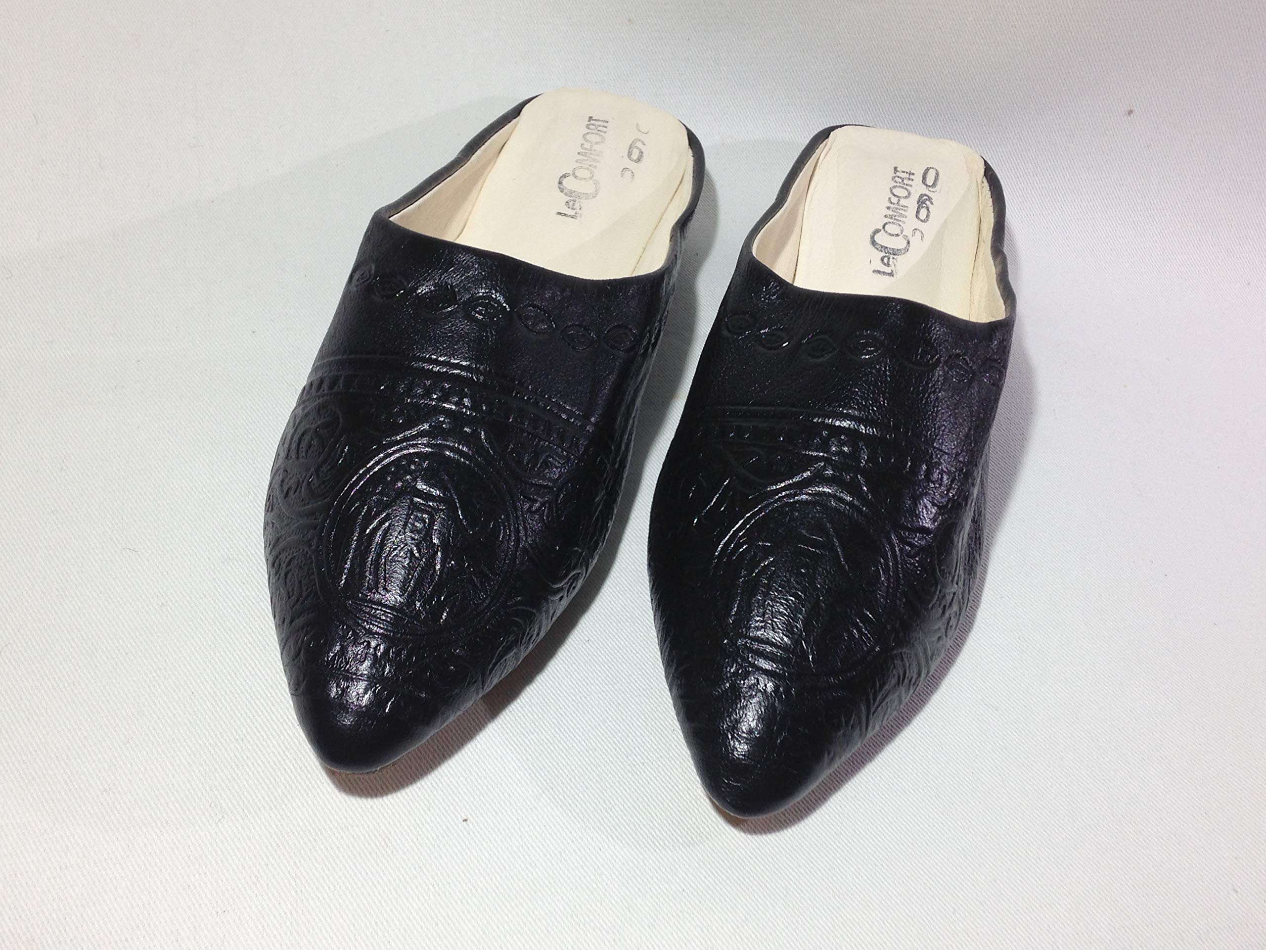 Women's Black Leather Heeled Slippers - Handmade House Slippers with Arch Support for Ladies - Perfect for Indoor Comfort & Casual Wear