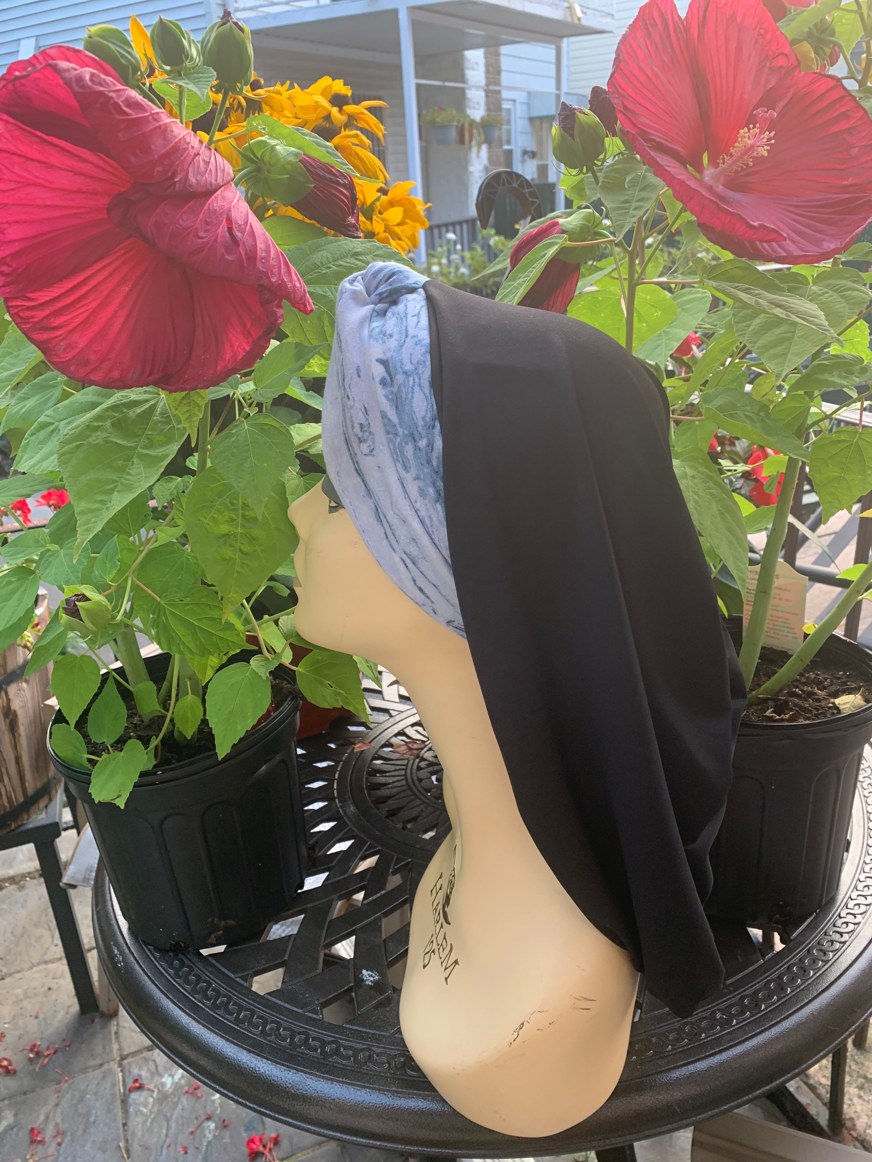 Black & Light Blue Snood Turban Hijab - Made in USA - Stylish & Comfortable Headwear for Women - Perfect for Daily Wear, Workouts & Special Occasions
