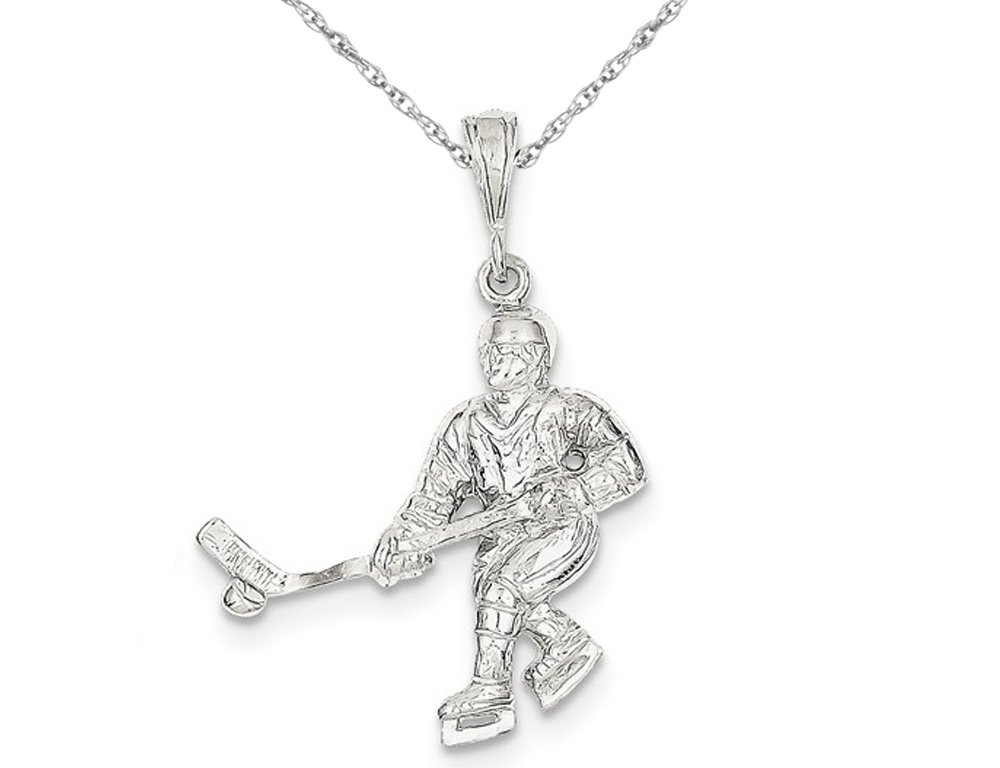 Sterling Silver Hockey Player Charm Pendant Necklace with 18