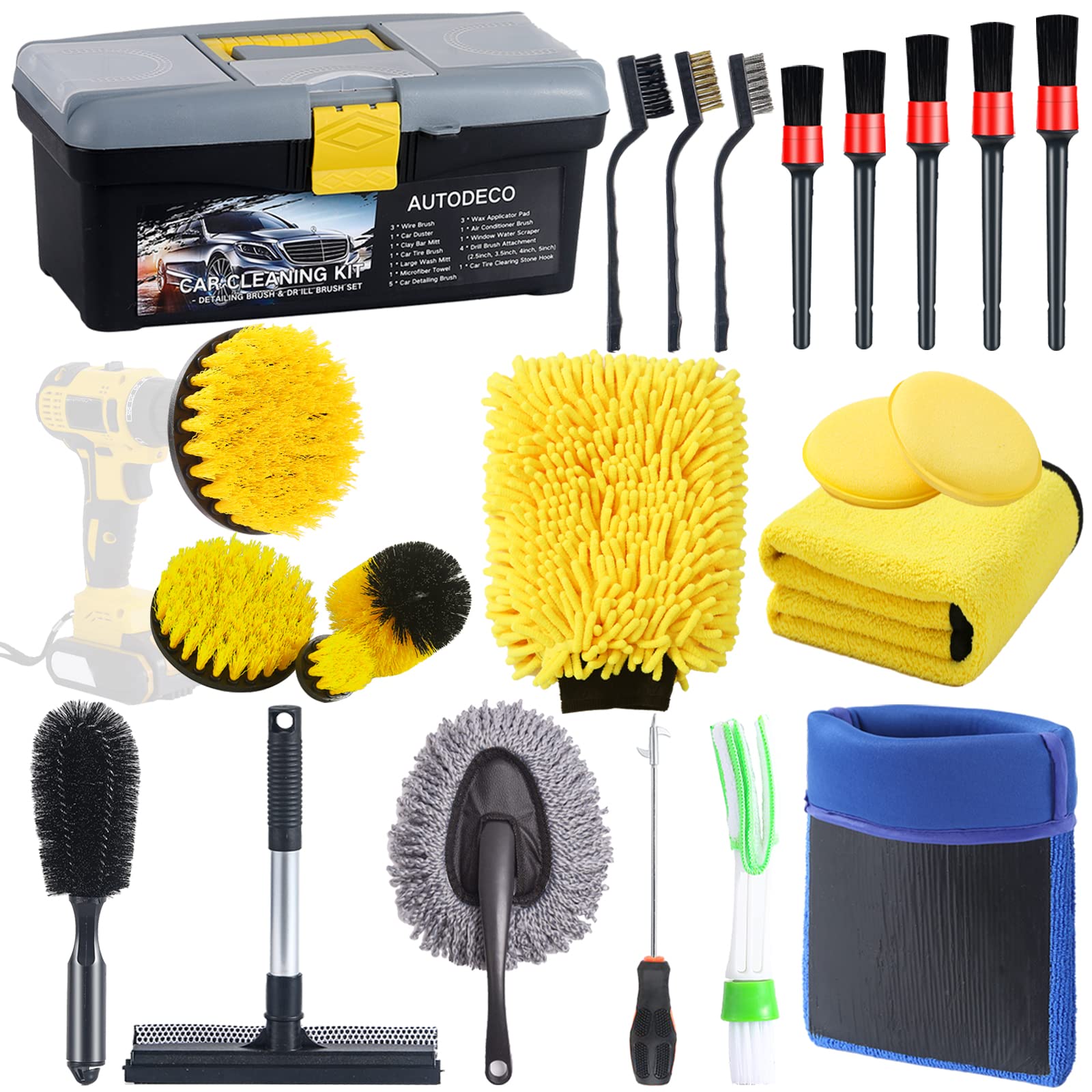 AUTODECO 23Pcs Car Detailing Kit - Professional Clay Mitt, Detailing Brushes & Drill Brush Set for Interior, Exterior & Wheels Cleaning - Perfect for Car Wash, Detailing & Auto Care Enthusiasts