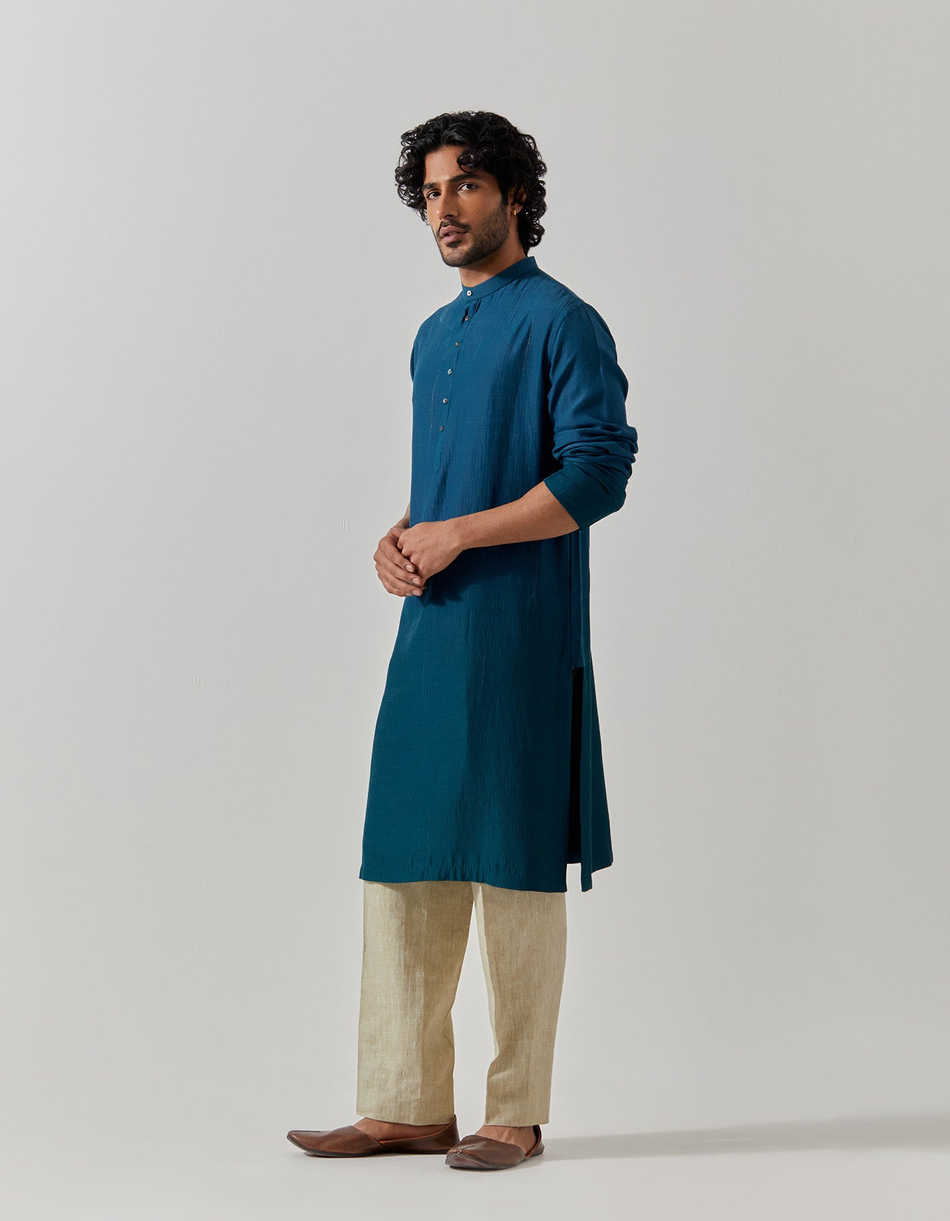 Raindrop Bade Miyan Kurta - Premium Muga Satin Teal Men's Traditional Indian Tunic - Perfect for Festivals, Weddings & Cultural Events
