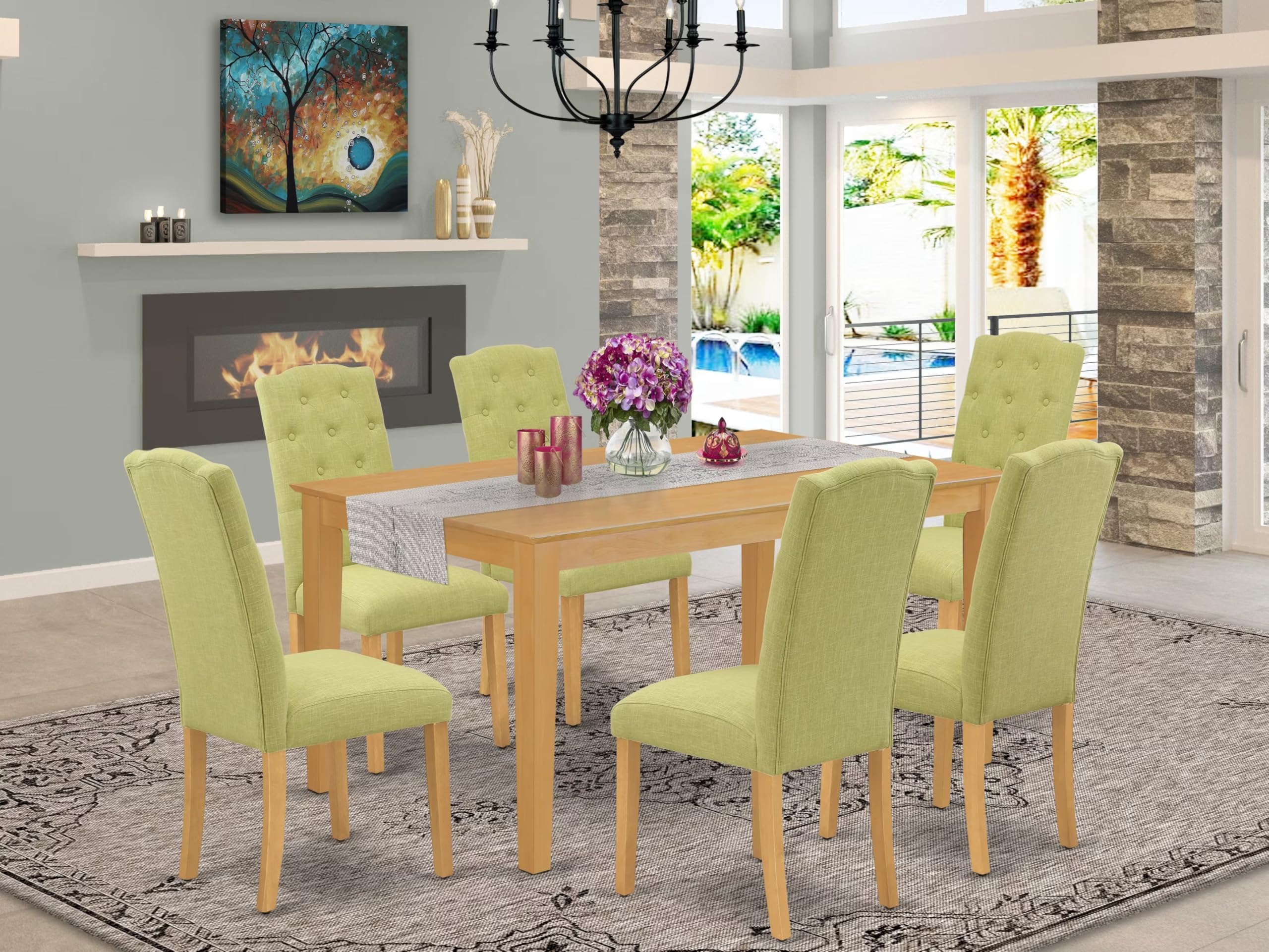 East West Furniture 7-Piece Oak Dining Room Set - 36x60 Inch Rectangle Table & 6 Limelight Linen Upholstered Chairs - Perfect for Family Dinners & Entertaining Guests