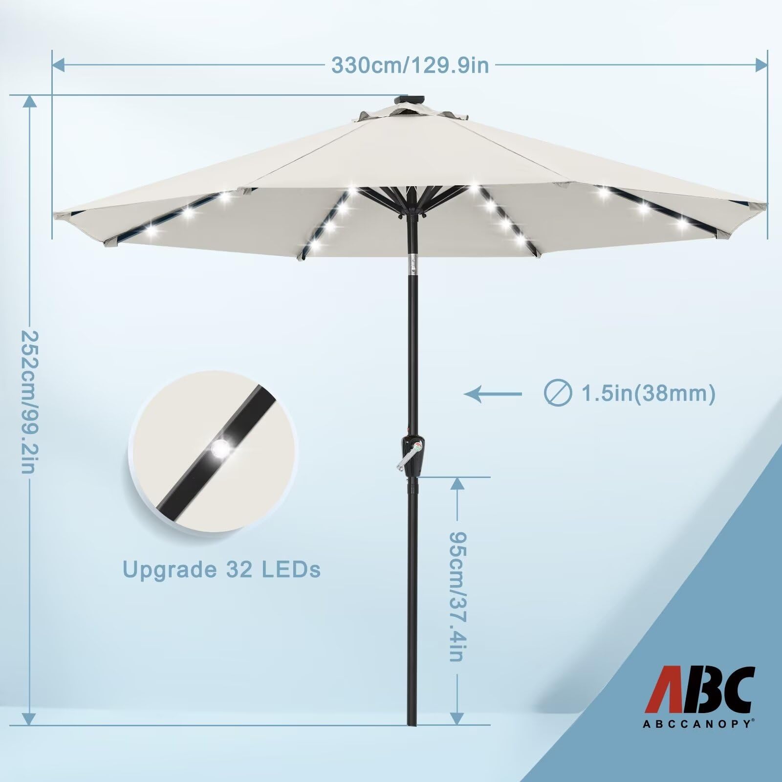 Durable 11FT Solar LED Patio Umbrella with 32 LED Lights - Beige Outdoor Canopy for Garden, Poolside & Backyard Relaxation