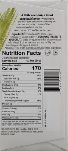 Organic Theo Coconut Dark Chocolate Bar 70% Cacao - Vegan, Gluten-Free, Fair Trade Certified | Healthy Snack for Dessert, Gifts & Keto Diet