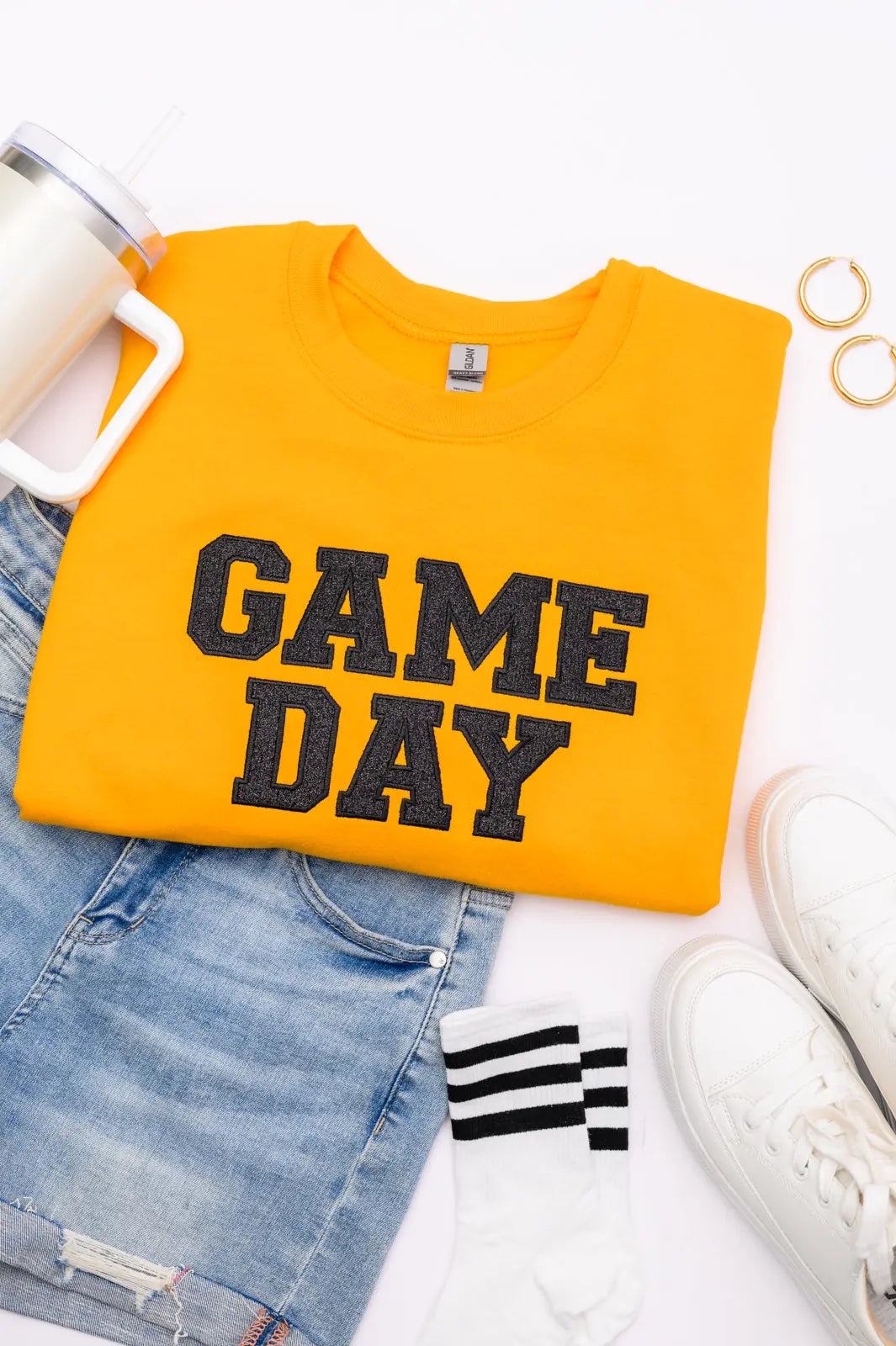 PREORDER: Embroidered Glitter Game Day Sweatshirt - Gold & Black | Women's Sports Fan Apparel for Football, Basketball & Tailgating Parties