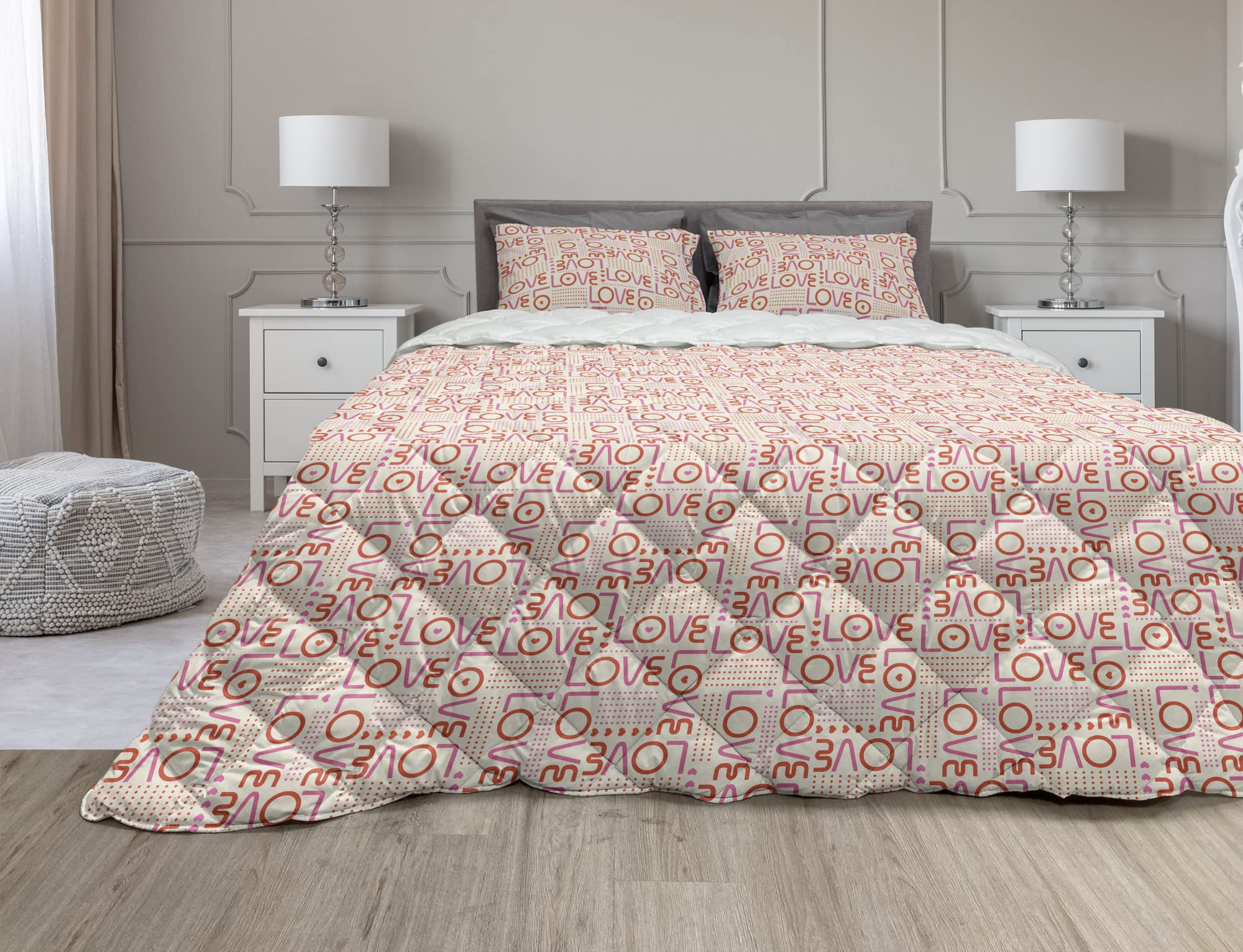 Ambesonne Romantic Comforter Set - 3 Piece Microfiber Duvet Cover with Love Typography & Heart Design in Pink, Red & Eggshell - Full Size Bedding for Couples, Valentine's Day Gift & Cozy Bedroom Decor