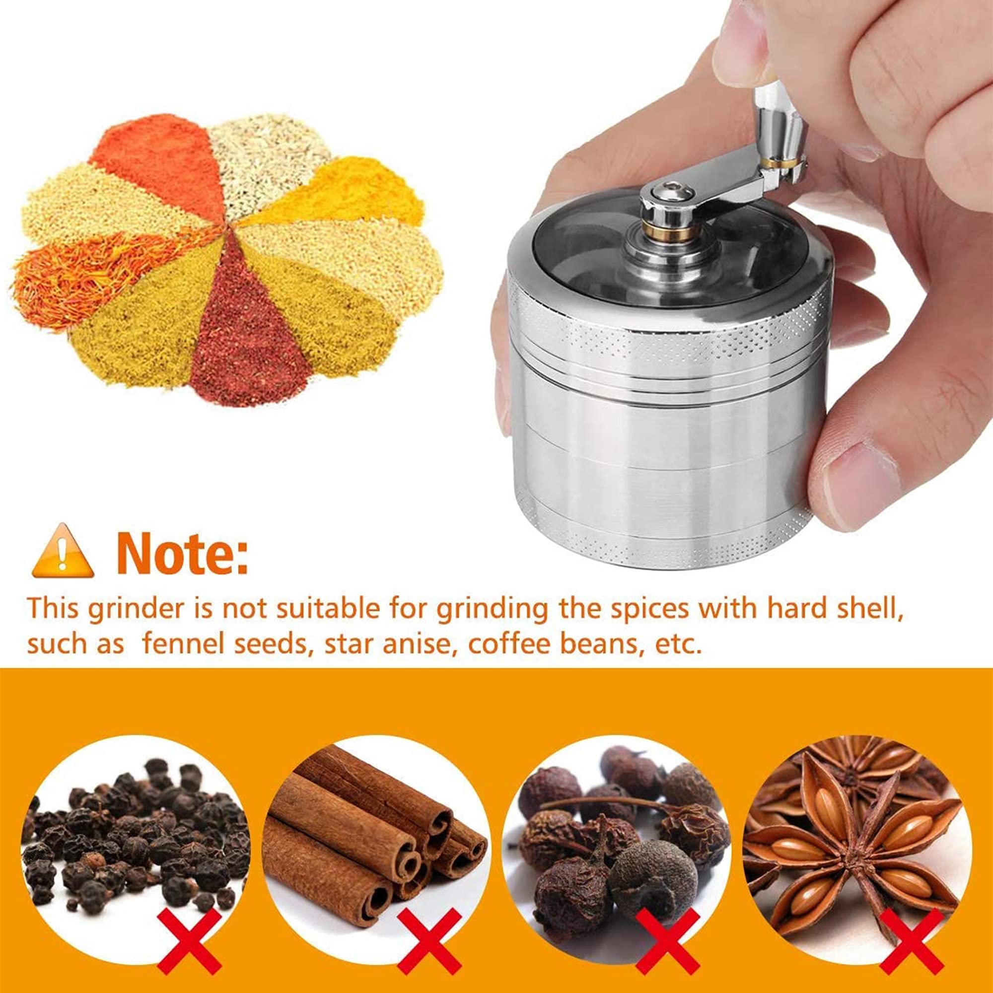 Premium 4-Layer Zinc Alloy Herb Grinder with Pollen Scraper & Hand Crank - 55mm Spice Crusher for Dried Herbs, Tobacco & Tea - Compact Manual Muller for Home Kitchen, Camping & Travel (Silver)
