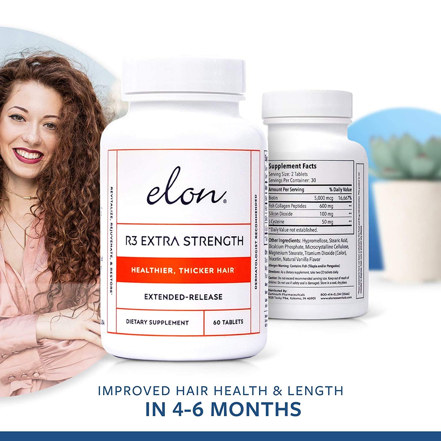 Elon R3 Extra Strength Hair Growth Supplement for Women - 5000mcg Biotin & Collagen Formula for Thicker, Fuller Hair - 60 Capsules (Pack of 3) - Promotes Healthy Hair Growth for Daily Hair Care & Styling Support