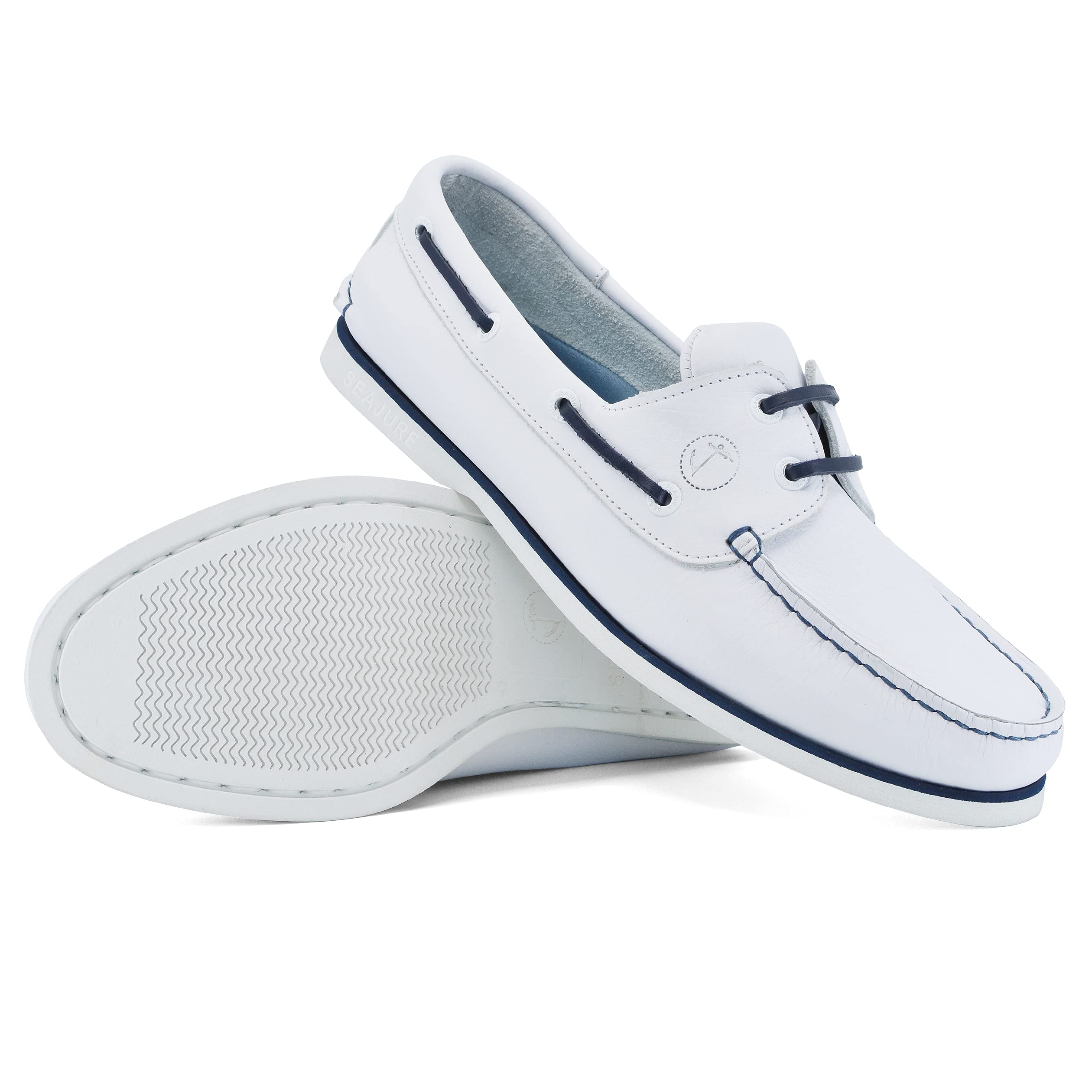 Seajure Men's Boat Shoes - White & Navy Blue Leather Deck Shoes for Casual Wear, Sailing, and Outdoor Activities