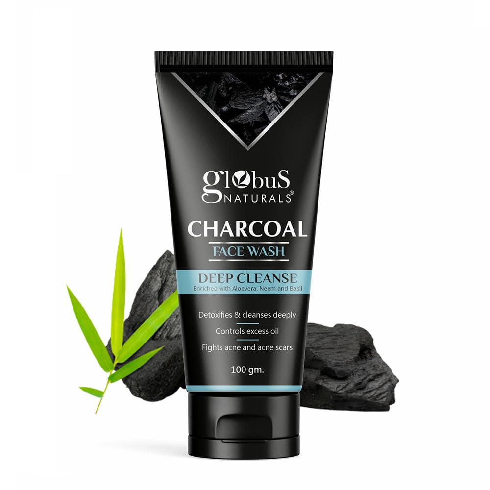 Globus Naturals Charcoal Face Wash with Tea Tree, Neem & Papaya - Deep Cleansing, Oil Control, Acne & Blackhead Treatment (100g) | Gentle Daily Cleanser for Oily & Acne-Prone Skin