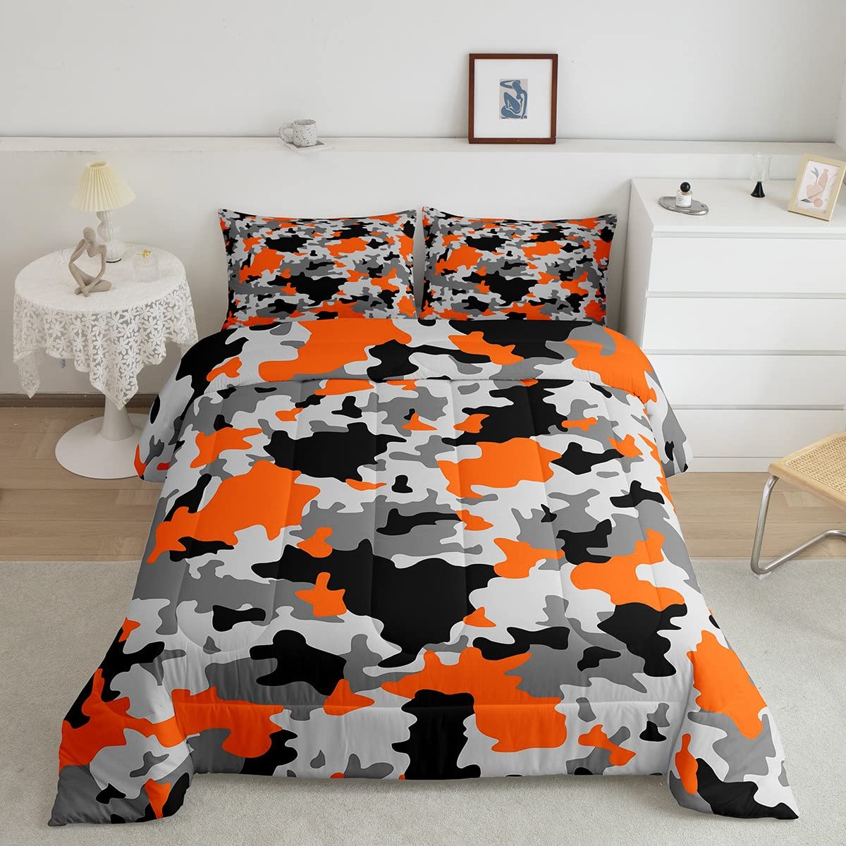 **Army Camouflage Comforter Set 3Pcs Queen Size - Kids Boys Girls Teens Youth Bedding - Orange Grey Black Camo Design - Perfect for Bedroom Decor & Military Theme Rooms**