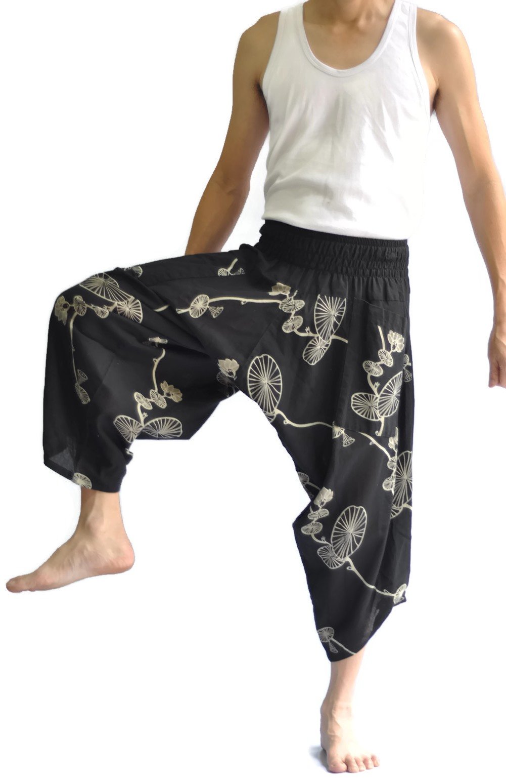 Thai Pants for Men - Japanese Style Elastic Waist Loose Fit Pants (Black & Red) - Perfect for Yoga, Meditation, and Casual Wear