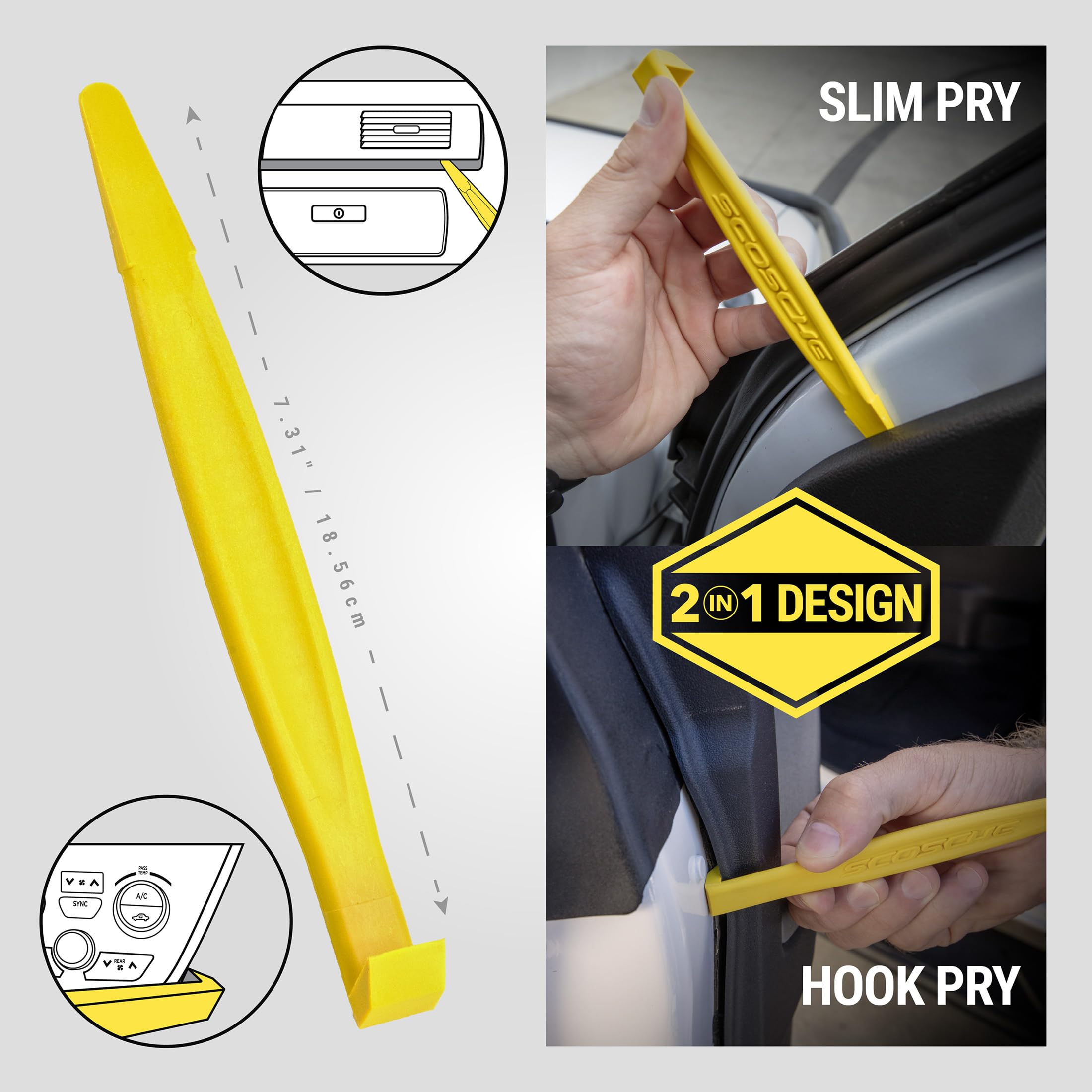Scosche PRT3MX Auto Trim Removal Tool Kit - 3-Piece No Scratch Plastic Pry Set for Car Door Panels, Dashboard & Interior Trim - Safe for Clips, Push Rivets & Moldings - Yellow Automotive Repair Tools (Perfect for DIY Car Maintenance & Professional Auto Detailing)