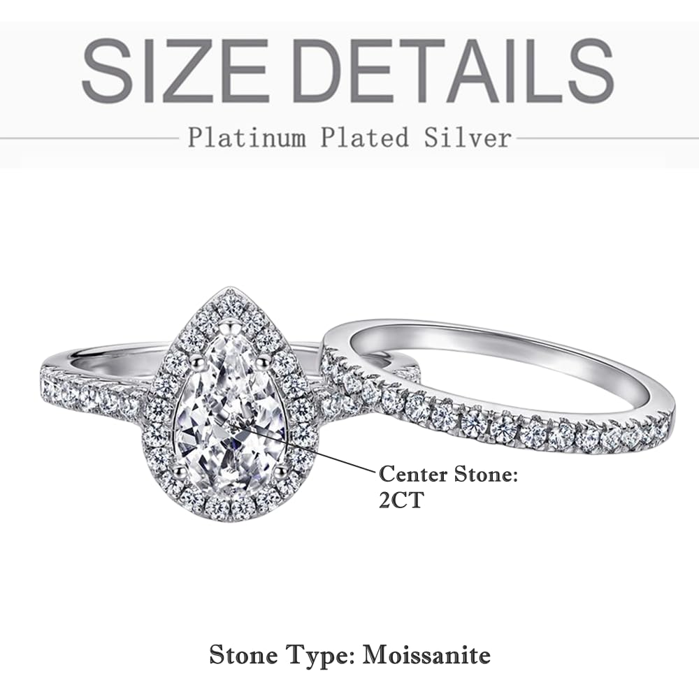 2 Carat Pear Shaped Moissanite Engagement Ring Set for Women - Platinum Plated Silver Wedding Band & Teardrop Bridal Set | Perfect for Proposals, Anniversaries & Special Occasions